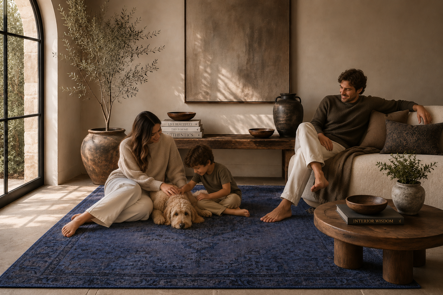 A large navy blue area rug with a distressed, textured pattern in a warm, rustic living room. A family of three and a dog relax on the rug, with a man sitting on a beige sofa in the background.