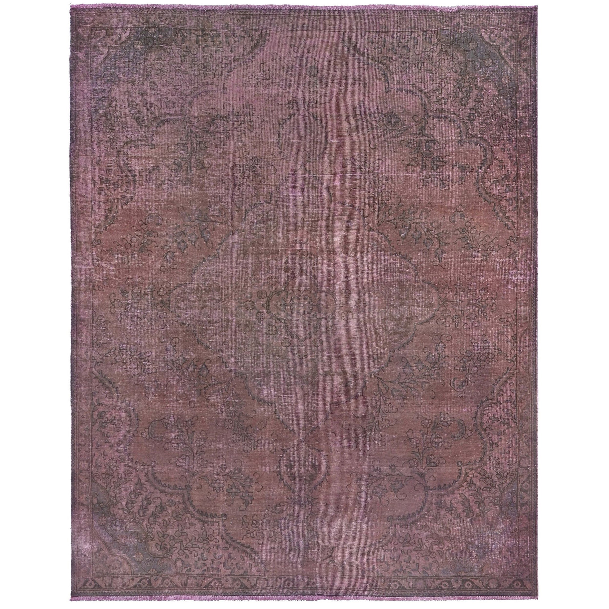 Knotari vintage overdyed hand-knotted rug No. A331 with tonal floral medallion design in dusty mauve, plum, charcoal, rosewood, size 7'10" x 9'10".