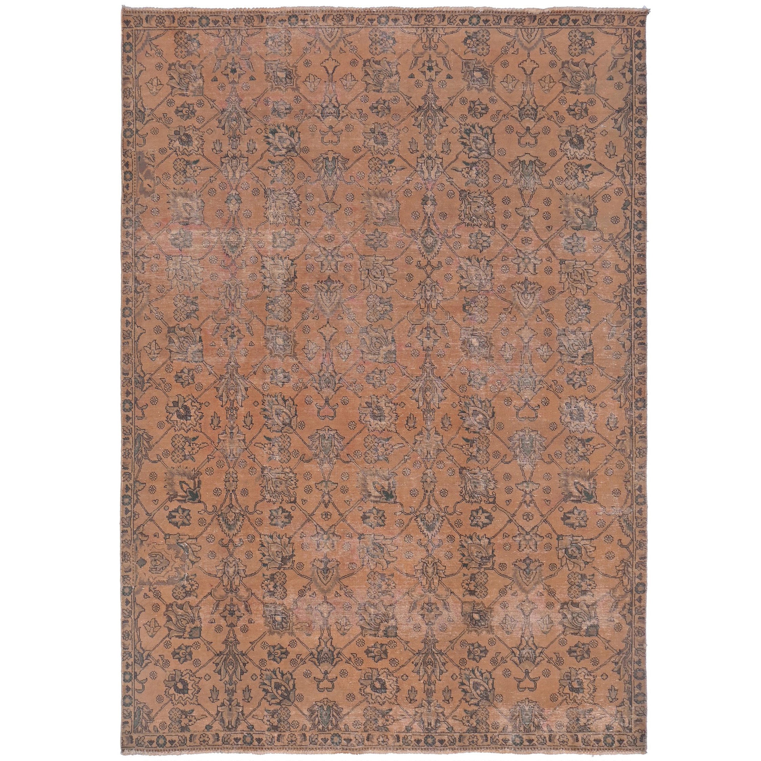 Knotari vintage overdyed hand-knotted rug No. A332 with tonal floral medallion design in dusty plum, rosewood, charcoal, muted mauve, size 7'1" x 10'7"