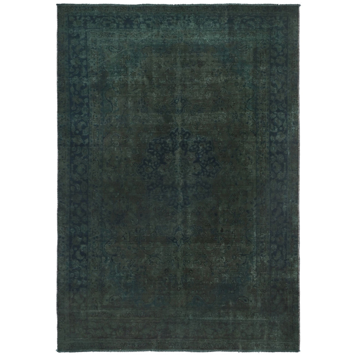 Knotari vintage hand-knotted rug No. A-334 with tonal overdyed persian design in forest green, emerald, deep teal, charcoal, black, size 5'10" x 9'2".