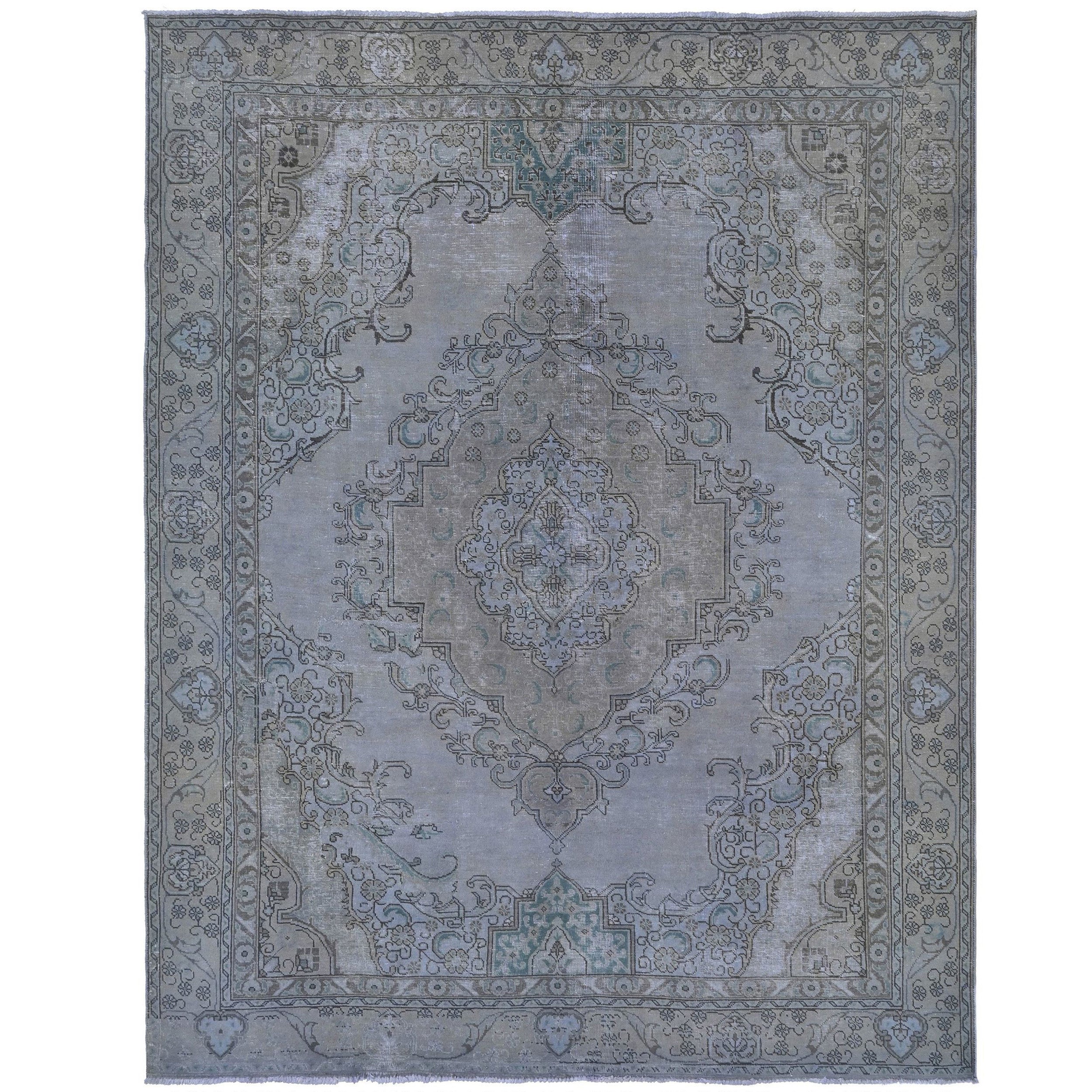 Knotari vintage overdyed hand-knotted rug No. A336 with tonal floral field design in forest green, emerald, charcoal, deep teal, size 7'11" x 10'8"