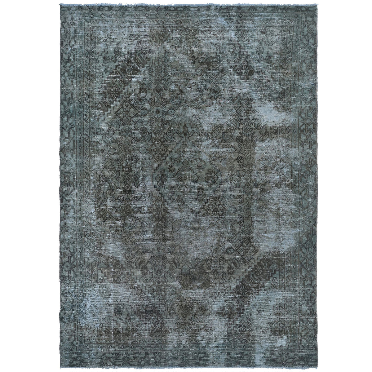 Knotari vintage overdyed hand-knotted rug No. A360 with tonal geometric medallion design in slate blue, charcoal, steel gray, deep teal, size 5'8" x 8'10"