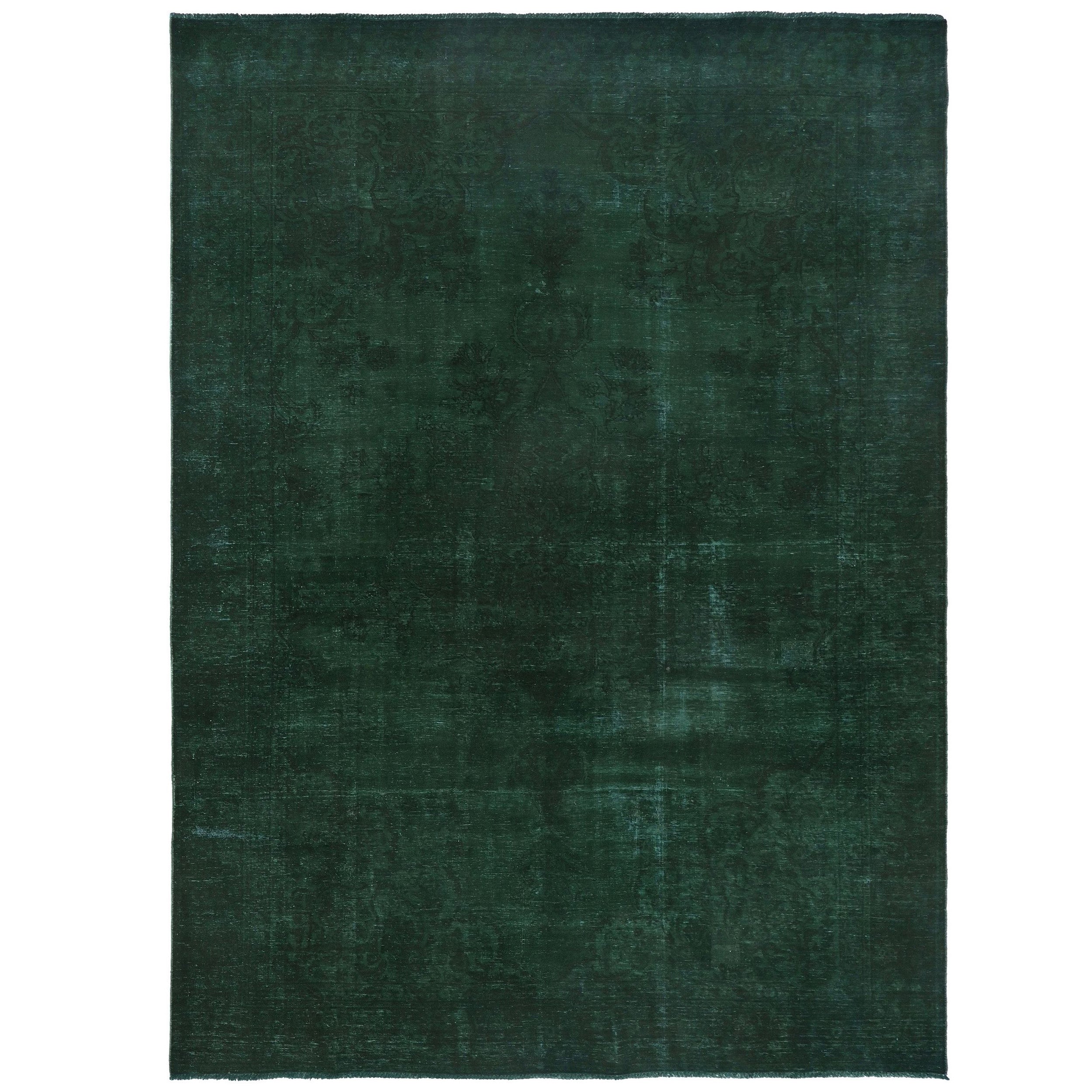 Knotari vintage overdyed hand-knotted rug No. A366 with tonal floral field design in emerald, forest green, deep teal, charcoal, size 8'6" x 12'4"