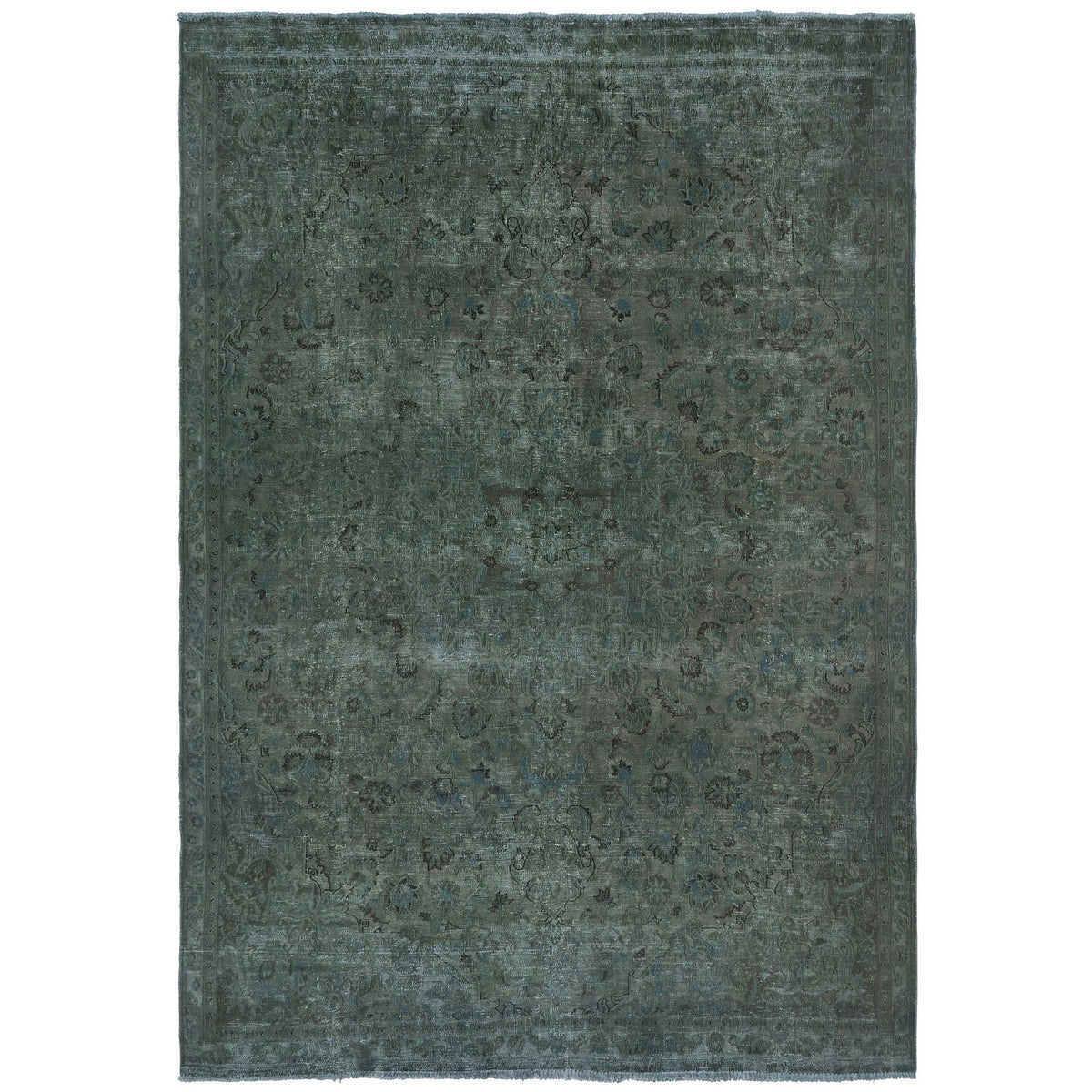 Knotari vintage hand-knotted rug No. A-379 with faded floral medallion design in smoky sage, slate gray, muted teal, charcoal, aged blue, size 7'3" x 10'8".