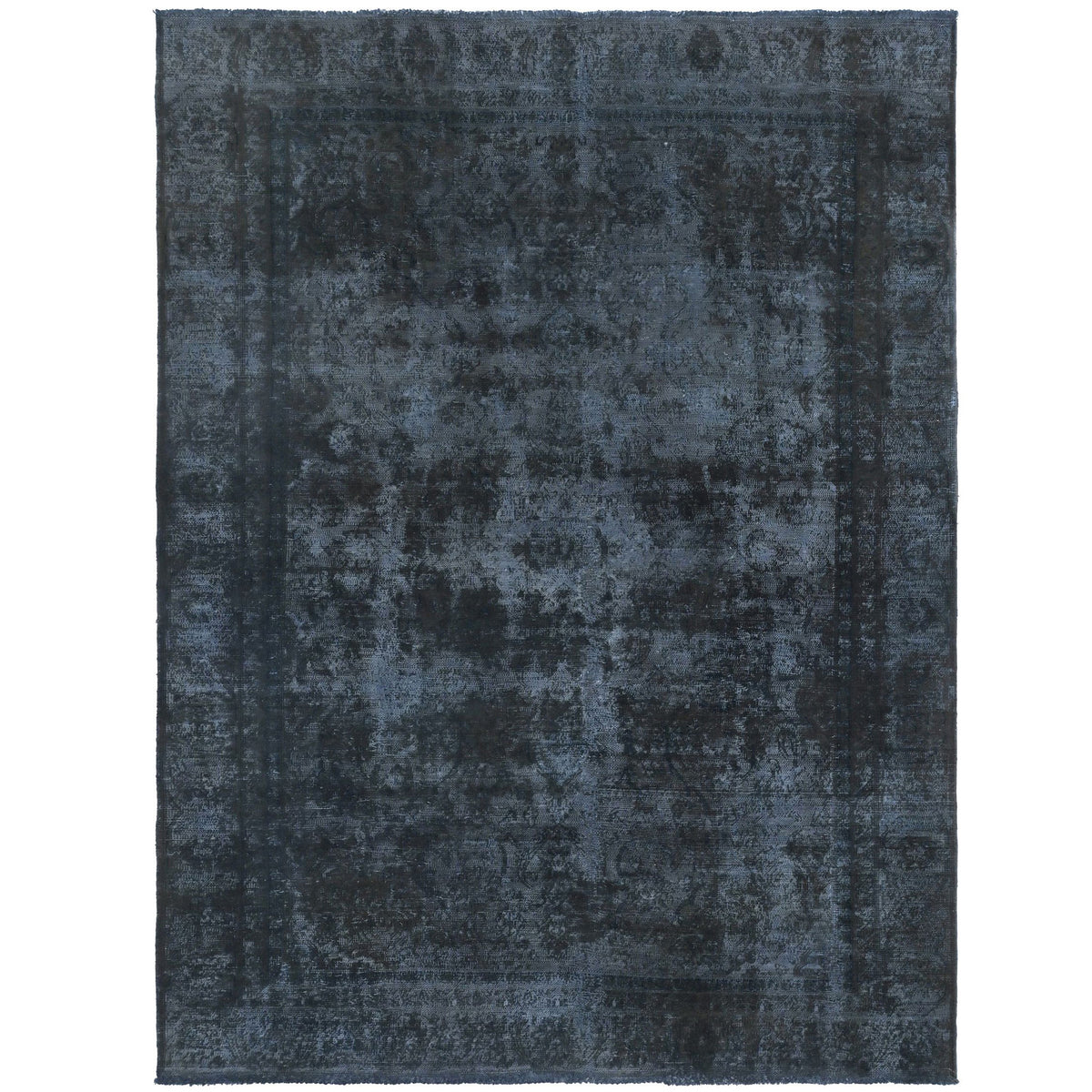 Knotari vintage hand-knotted rug No. A-399 with tonal framed floral design in midnight blue, blue black, charcoal, ink, slate, size 5'9" x 8'9".