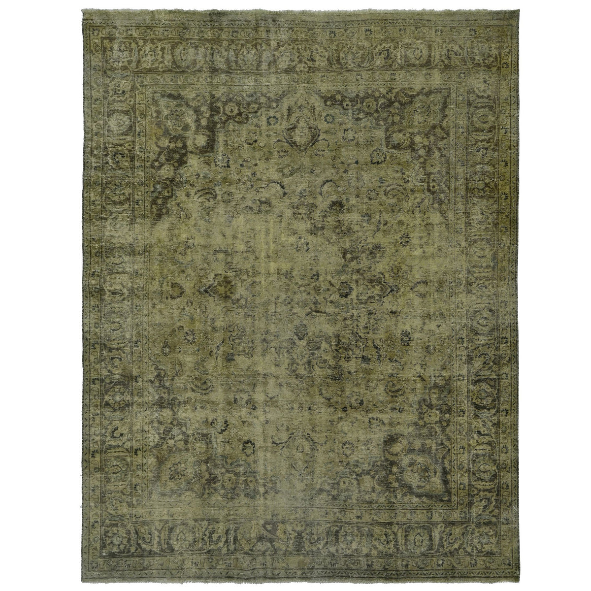 Knotari vintage hand-knotted rug No. A393 with distressed floral field design in moss green, olive, charcoal, loden, antique gold, size 9'8" x 12'9".