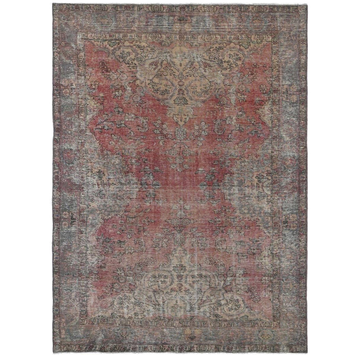 Knotari vintage hand-knotted rug No. 100 with washed floral medallion design in brick rose, charcoal, taupe, aged ivory, muted blue, size 6'4" x 9'7".