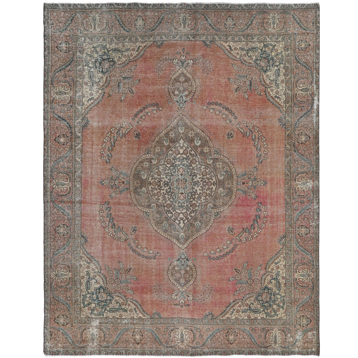 Knotari vintage hand-knotted rug No. 105 with dense floral field design in brick red, rosewood, taupe, charcoal, aged ivory, size 9'6" x 12'5".
