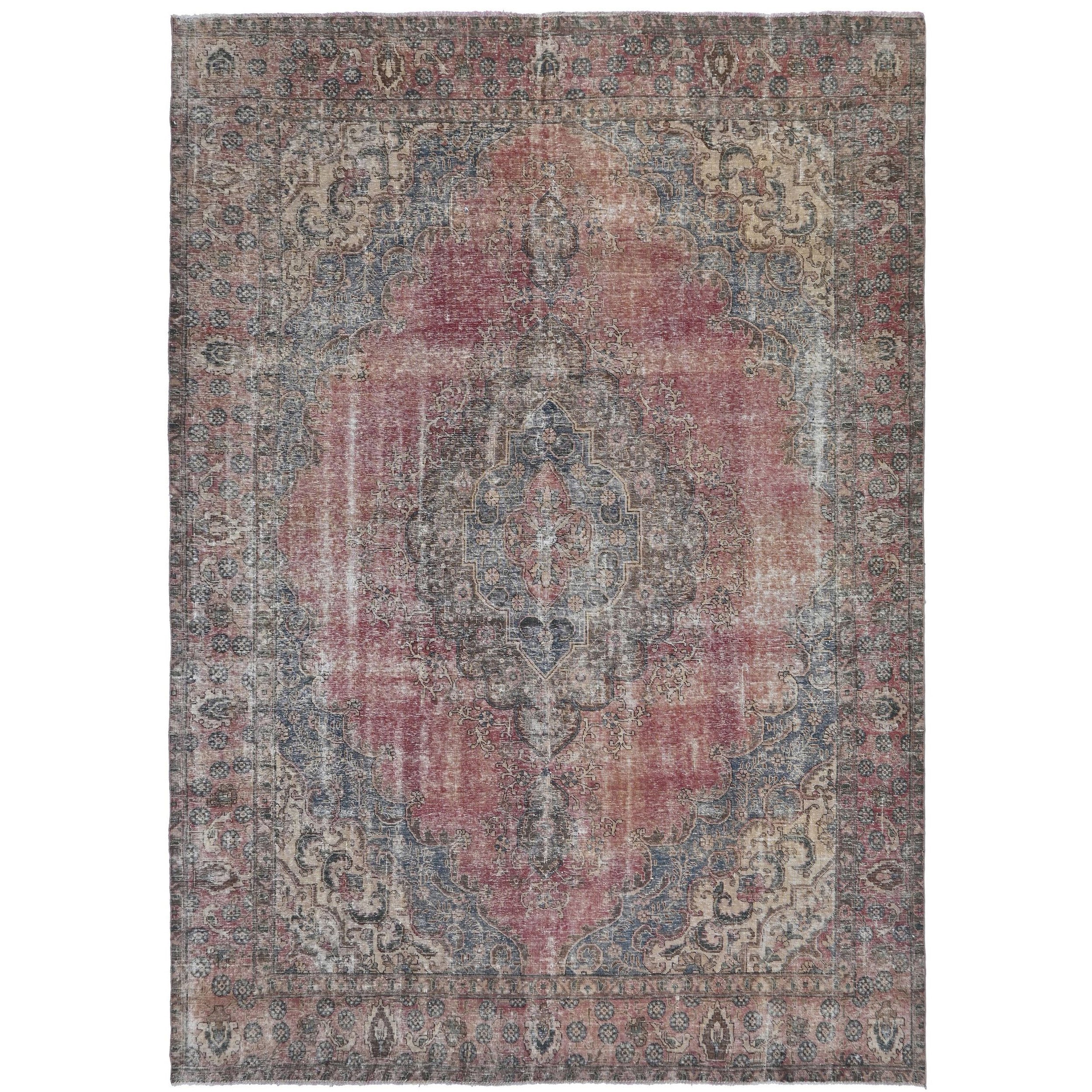 Knotari vintage hand-knotted rug No. 106 with faded central medallion design in antique crimson, navy, taupe, aged ivory, slate, size 9'3" x 12'5".