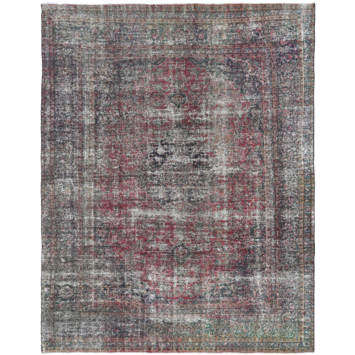 Knotari vintage hand-knotted rug No. 110 with washed central medallion design in muted crimson, charcoal, silver gray, taupe, aged ivory, size 9'9" x 12'2".