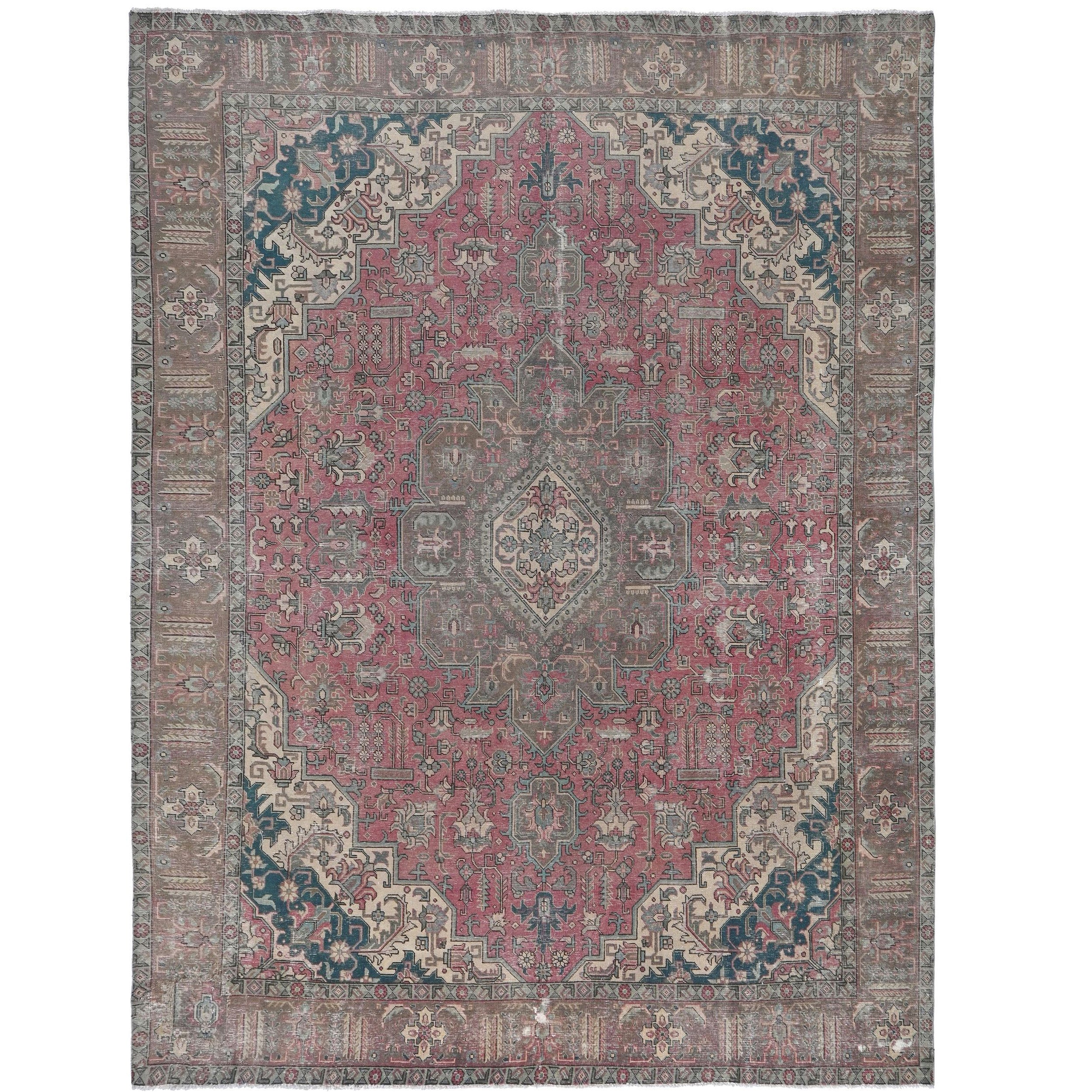 Knotari vintage hand-knotted rug No. 111 with geometric heriz medallion design in antique rose, slate gray, aged ivory, muted blue, warm taupe, size 9'6" x 13'1".
