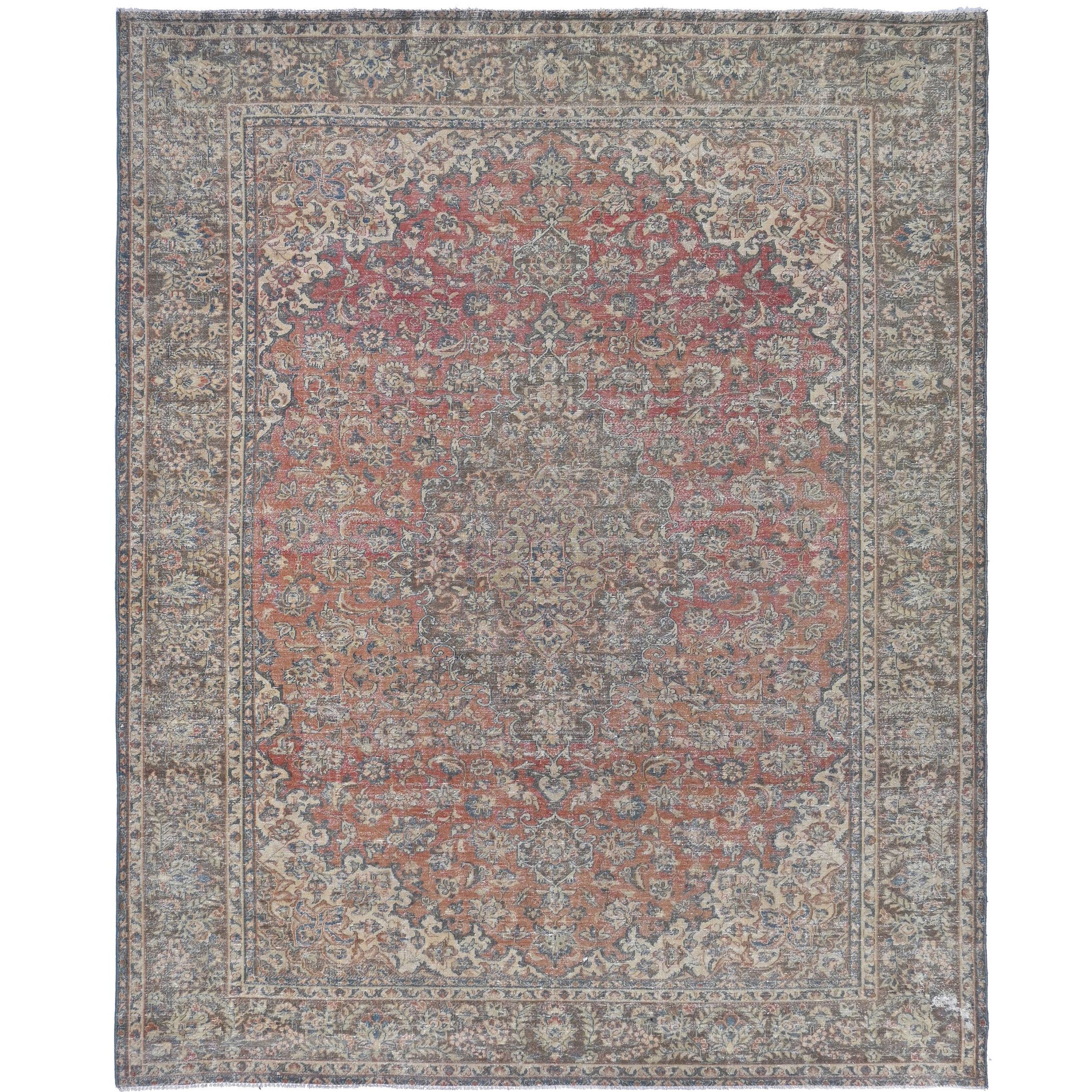Knotari vintage hand-knotted rug No. 114 with ornate floral medallion design in dusty coral, slate gray, taupe, muted rose, aged ivory, size 9'9" x 12'7".