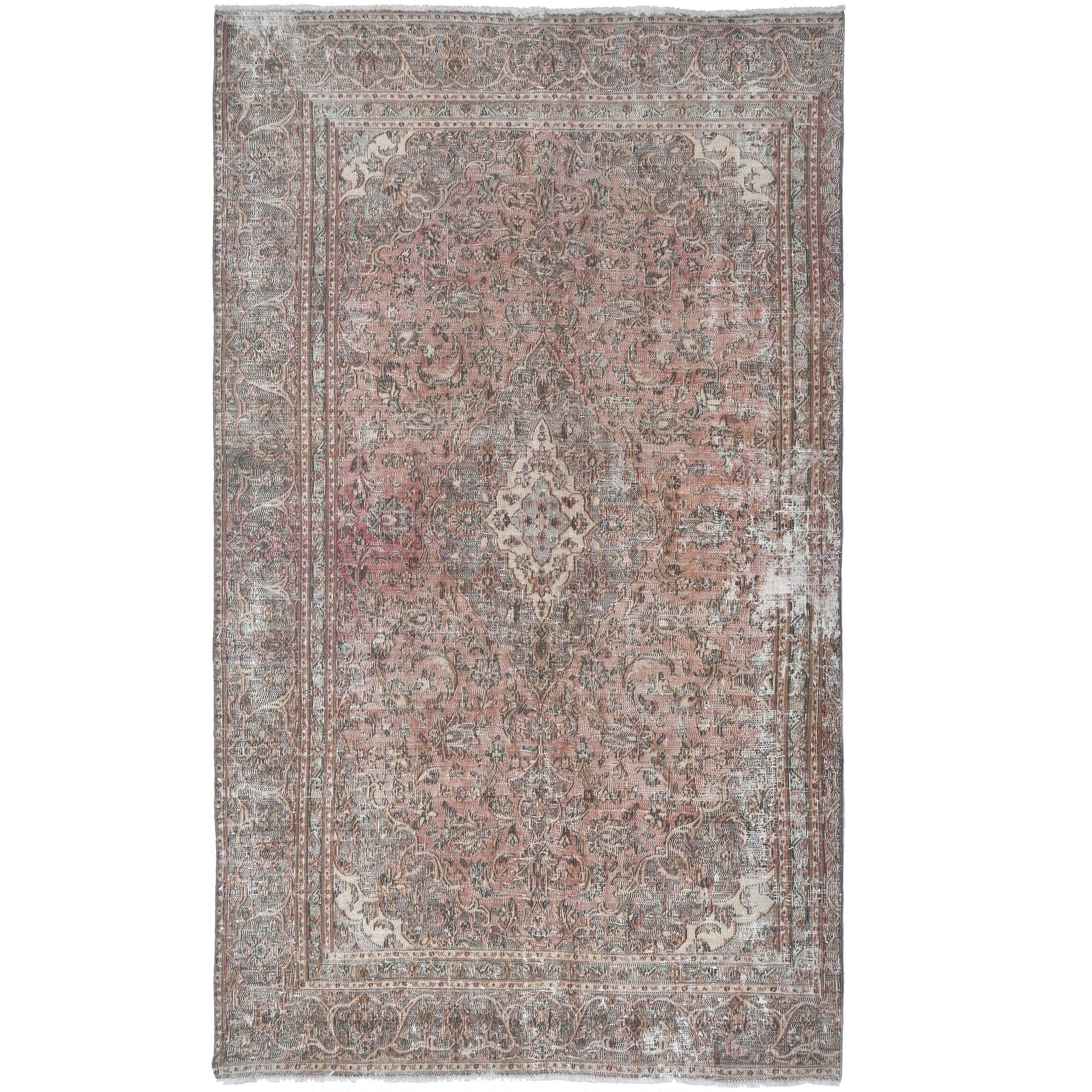 Knotari vintage hand-knotted rug No. 118 with floral medallion runner design in dusty rose, blush, slate blue, taupe, ivory, size 5'3" x 8'10".