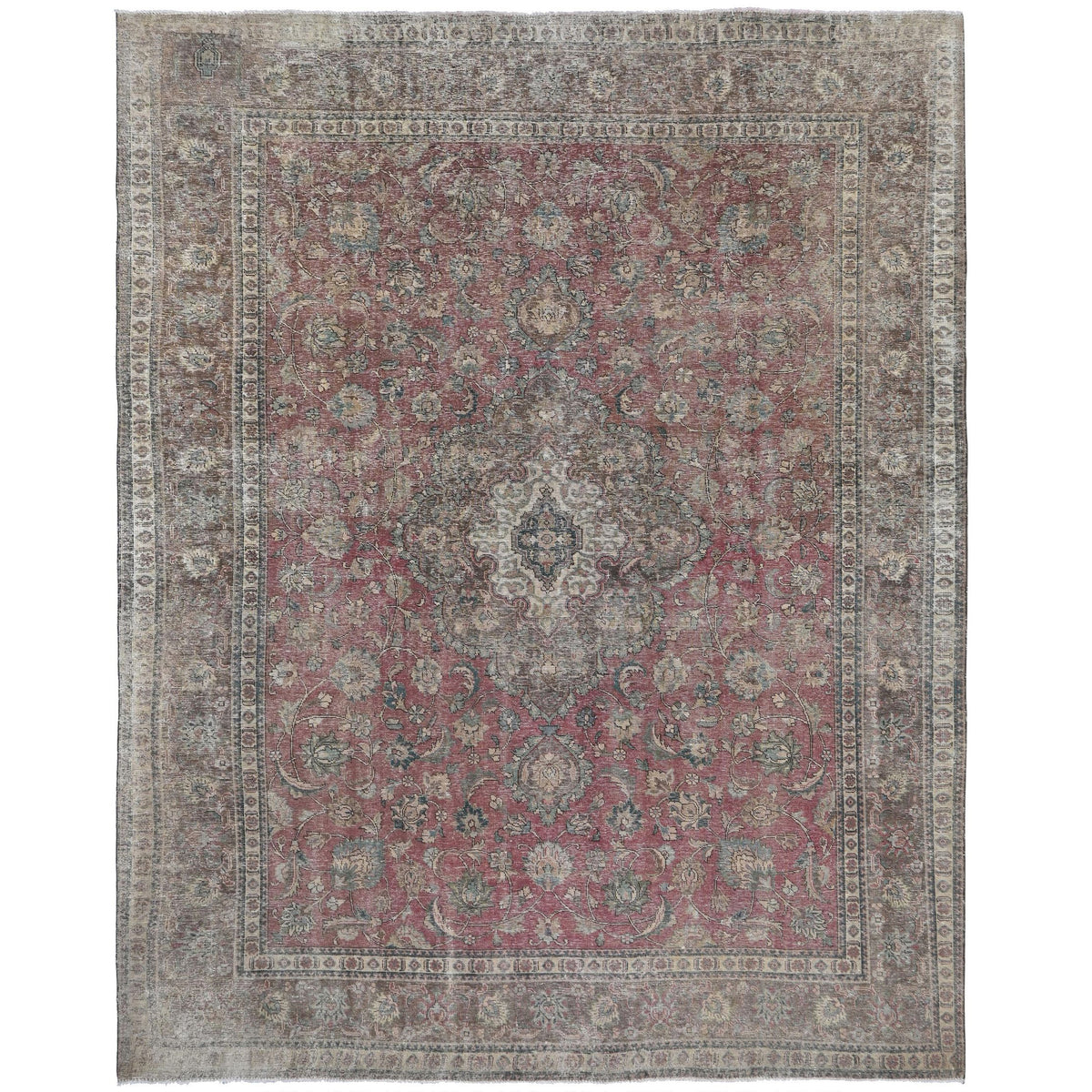 Knotari vintage hand-knotted rug No. 121 with weathered floral medallion design in dusty rose, taupe, charcoal, aged ivory, muted blue, size 9'7" x 12'7".