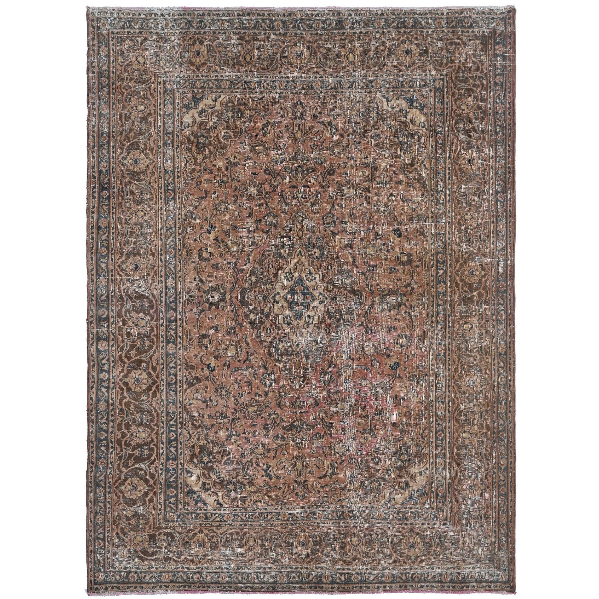 Knotari vintage hand-knotted rug No. 125 with faded floral medallion design in warm taupe, copper, charcoal, rosewood, aged ivory, size 9'2" x 12'2".