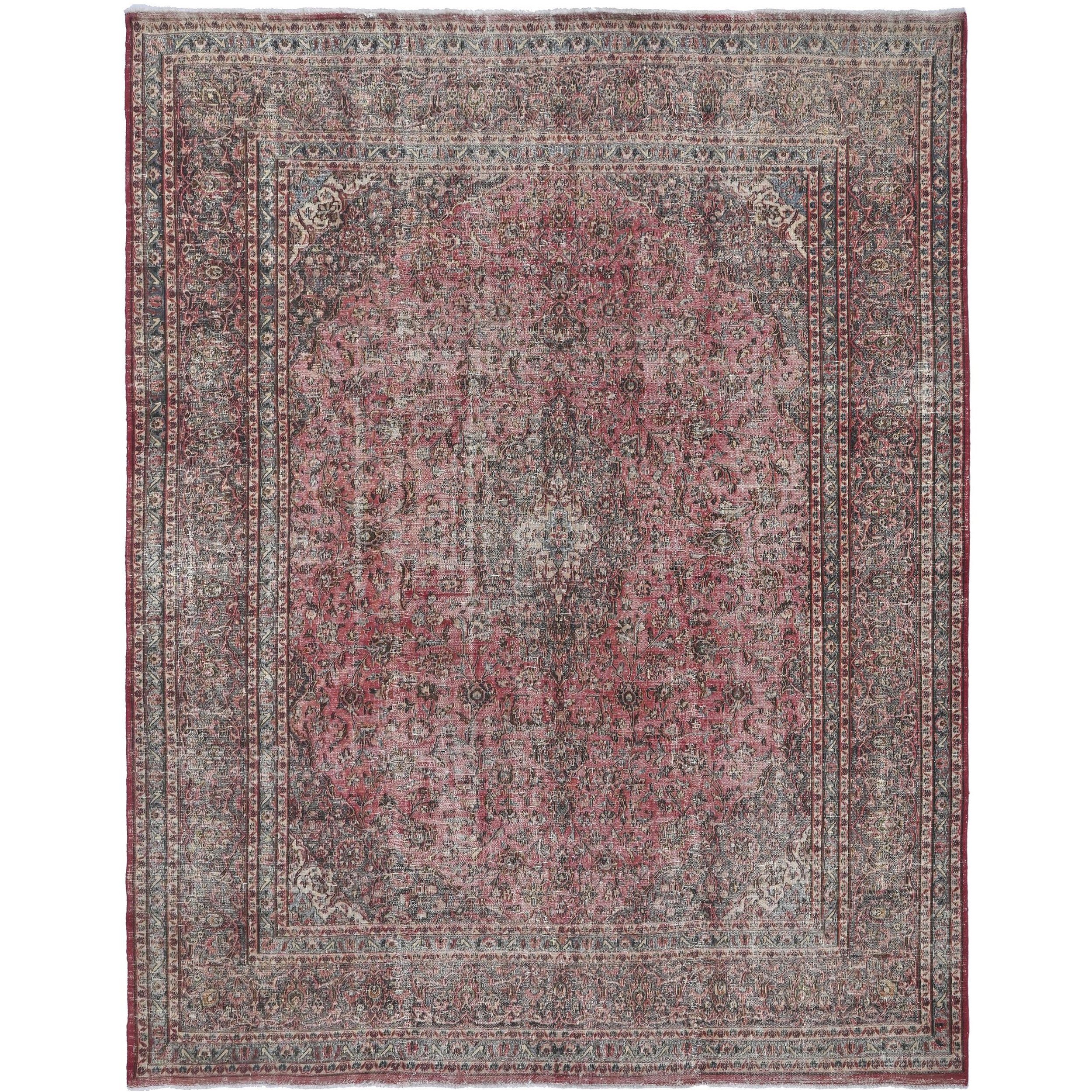 Knotari vintage hand-knotted rug No. 136 with scalloped floral medallion design in antique crimson, charcoal, taupe, aged ivory, slate blue, size 9'7" x 12'5".