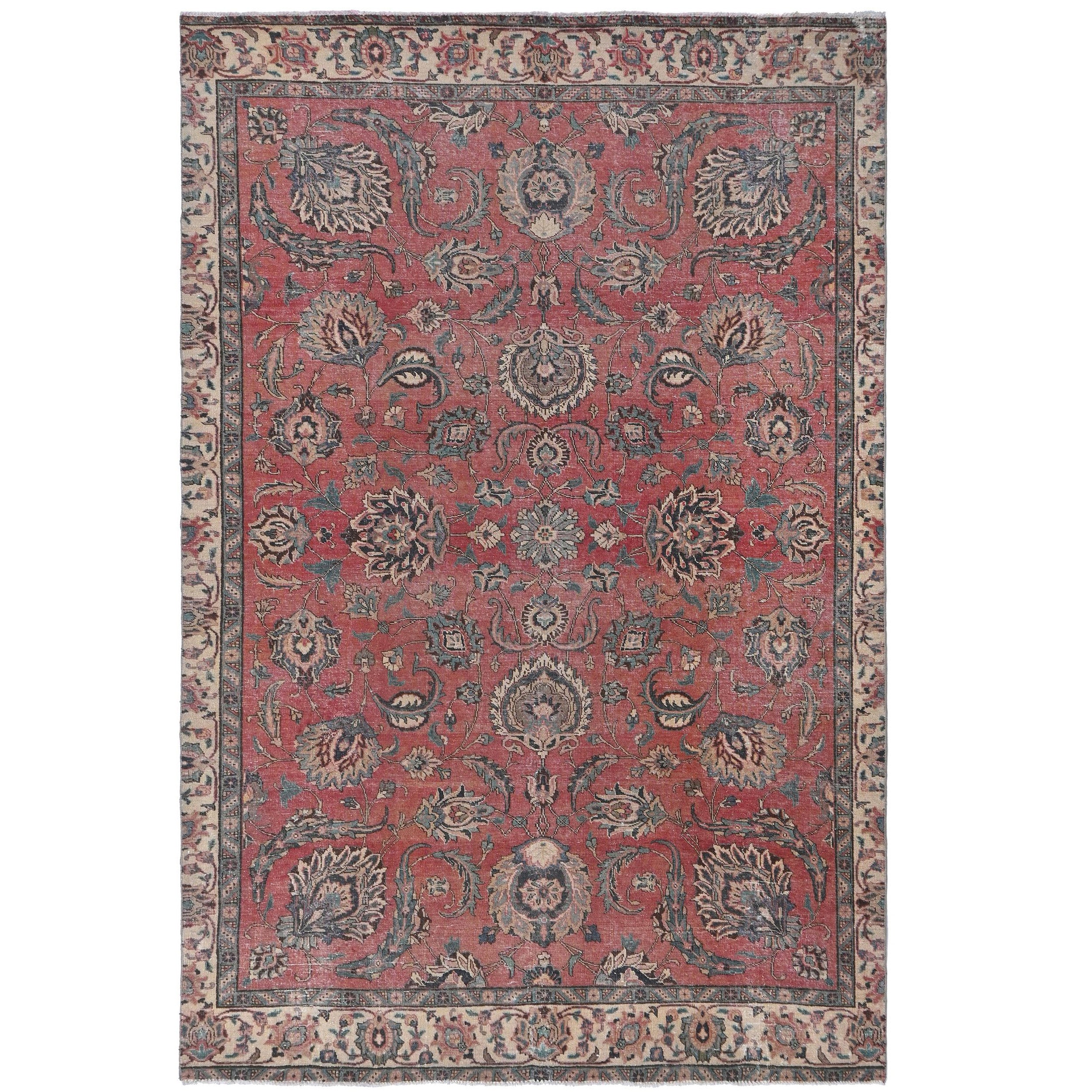 Knotari vintage hand-knotted rug No. 138 with all-over floral design in antique coral, indigo, aged ivory, sage, soft charcoal, size 6'4" x 9'4".