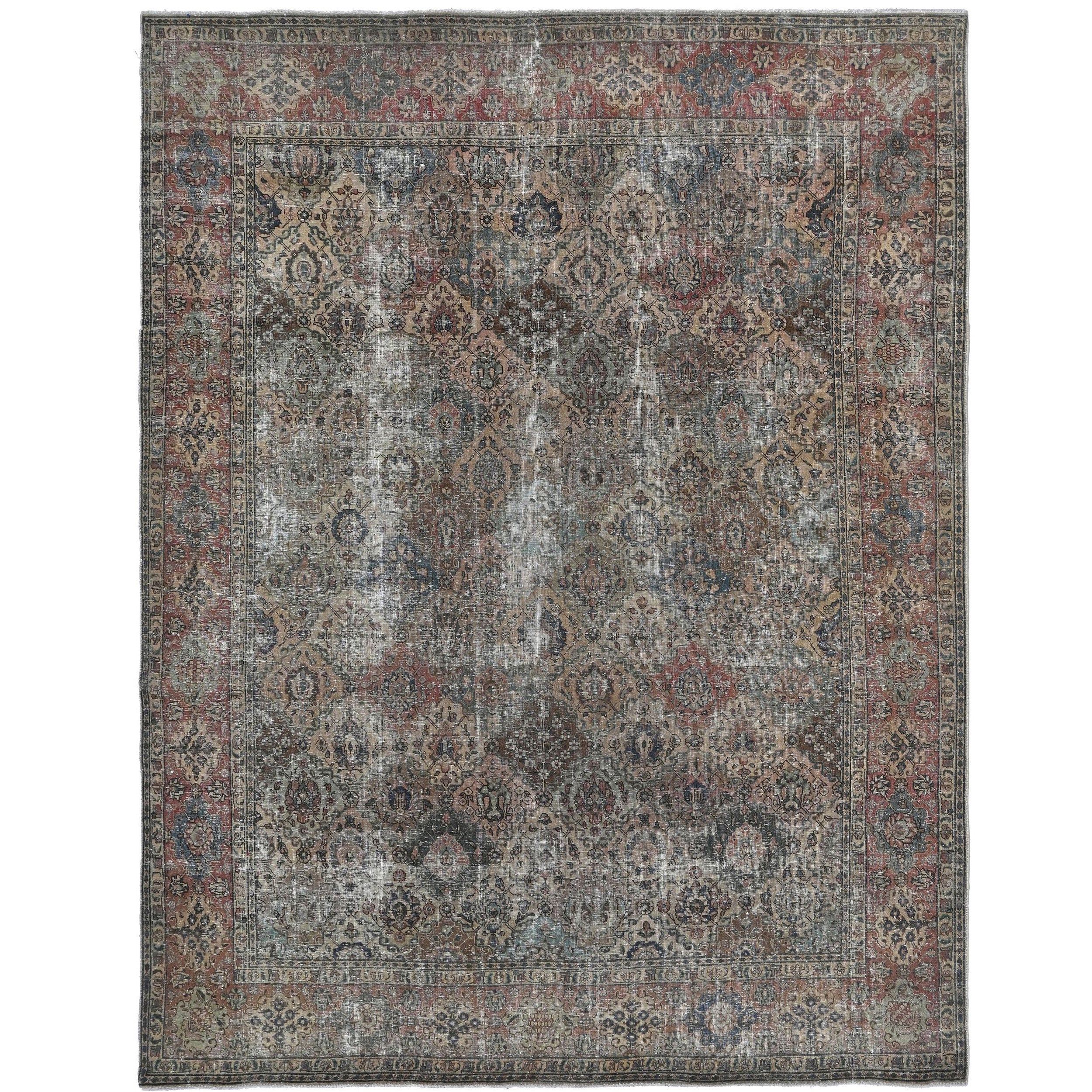 Knotari vintage hand-knotted wool rug No. 140 with ornate central medallion design in deep crimson, navy, ivory, rust, sage, size 9'1" x 11'7".