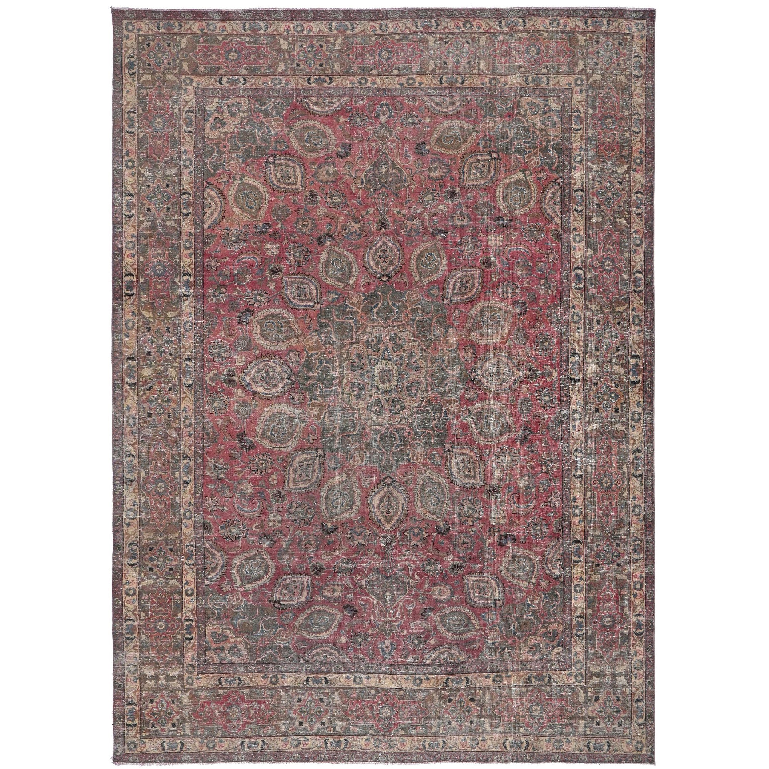 Knotari vintage hand-knotted rug No. 146 with layered floral medallion design in crimson rose, taupe, charcoal, aged ivory, muted blue, size 9'8" x 12'9".