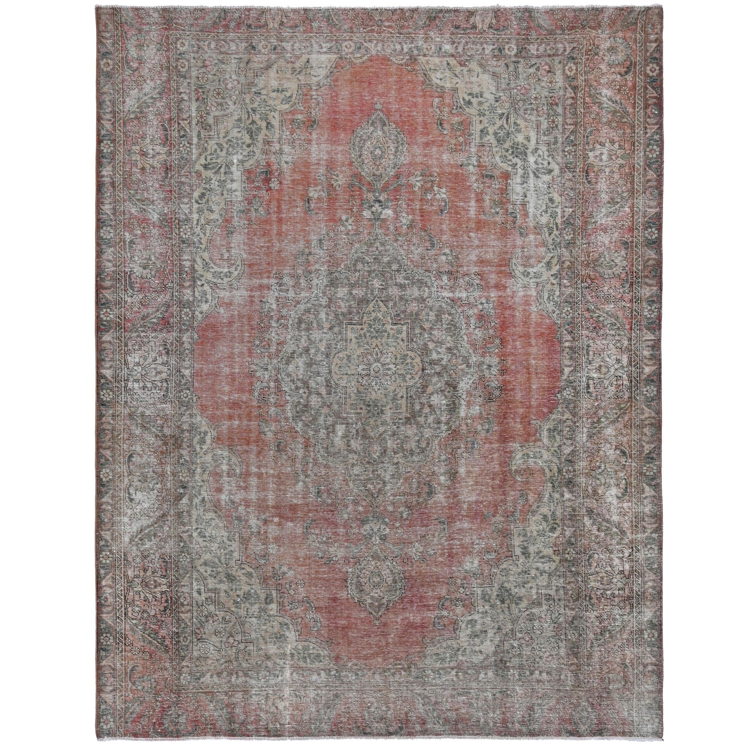Knotari vintage hand-knotted rug No. 148 with grand rosette medallion design in antique crimson, rosewood, navy, taupe, aged ivory, size 9'5" x 11'5".