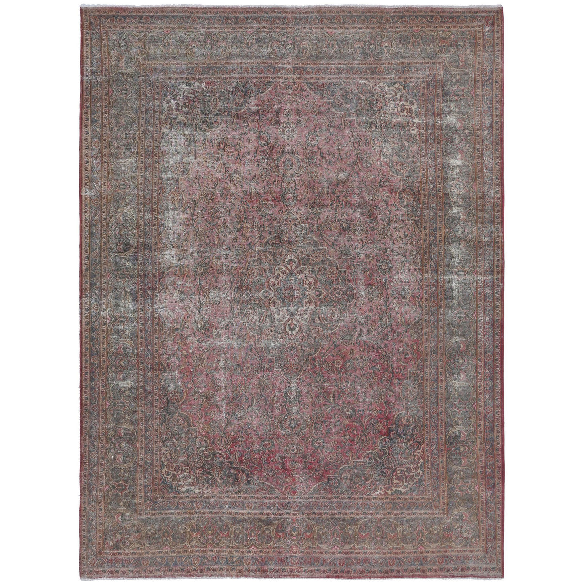 Knotari vintage hand-knotted rug No. 149 with distressed floral medallion design in dusty rose, antique crimson, charcoal, taupe, muted teal, size 9'9" x 12'10".