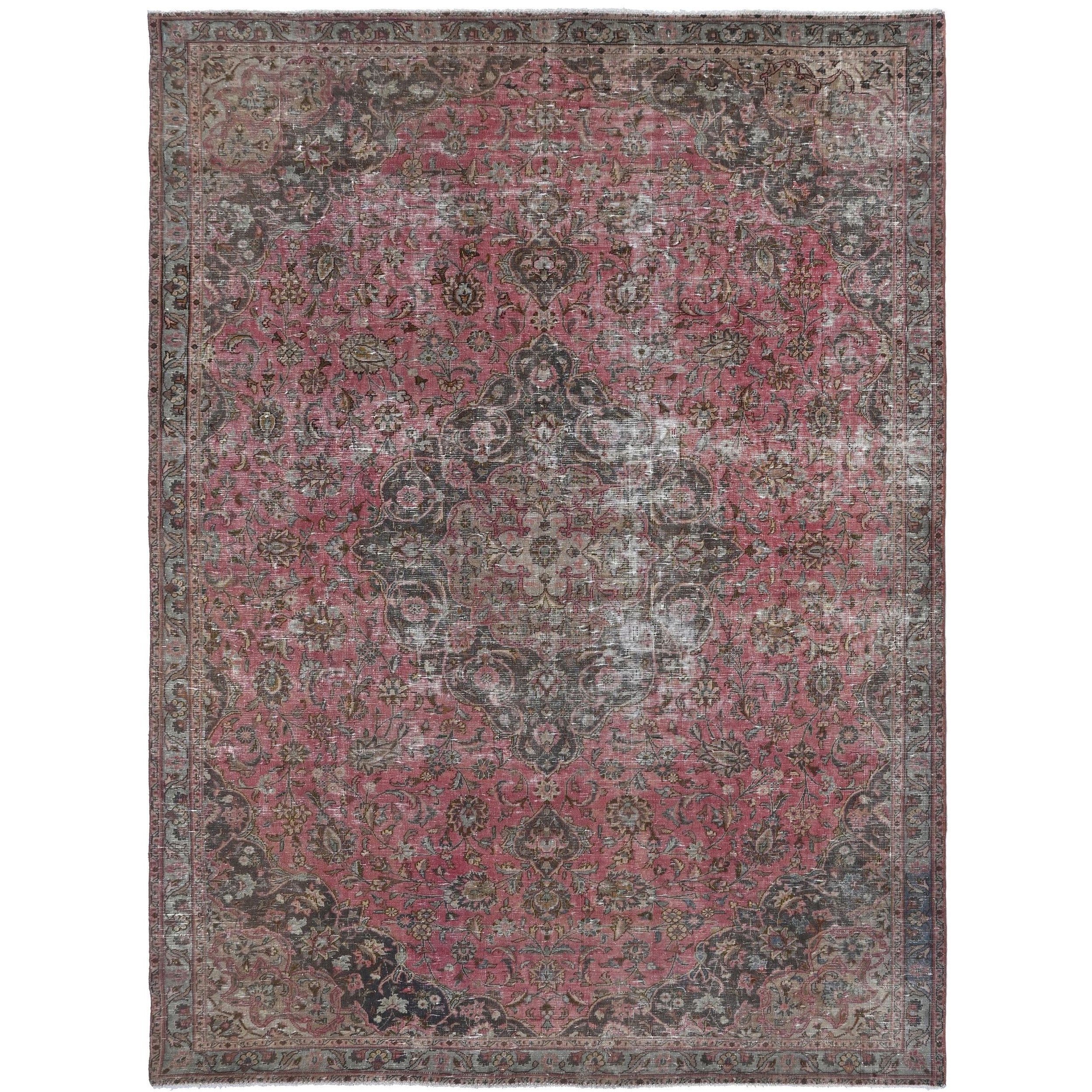 Knotari vintage hand-knotted rug No. 154 with floral medallion design in raspberry rose, charcoal, mauve, taupe, ivory, size 7'2" x 9'10".