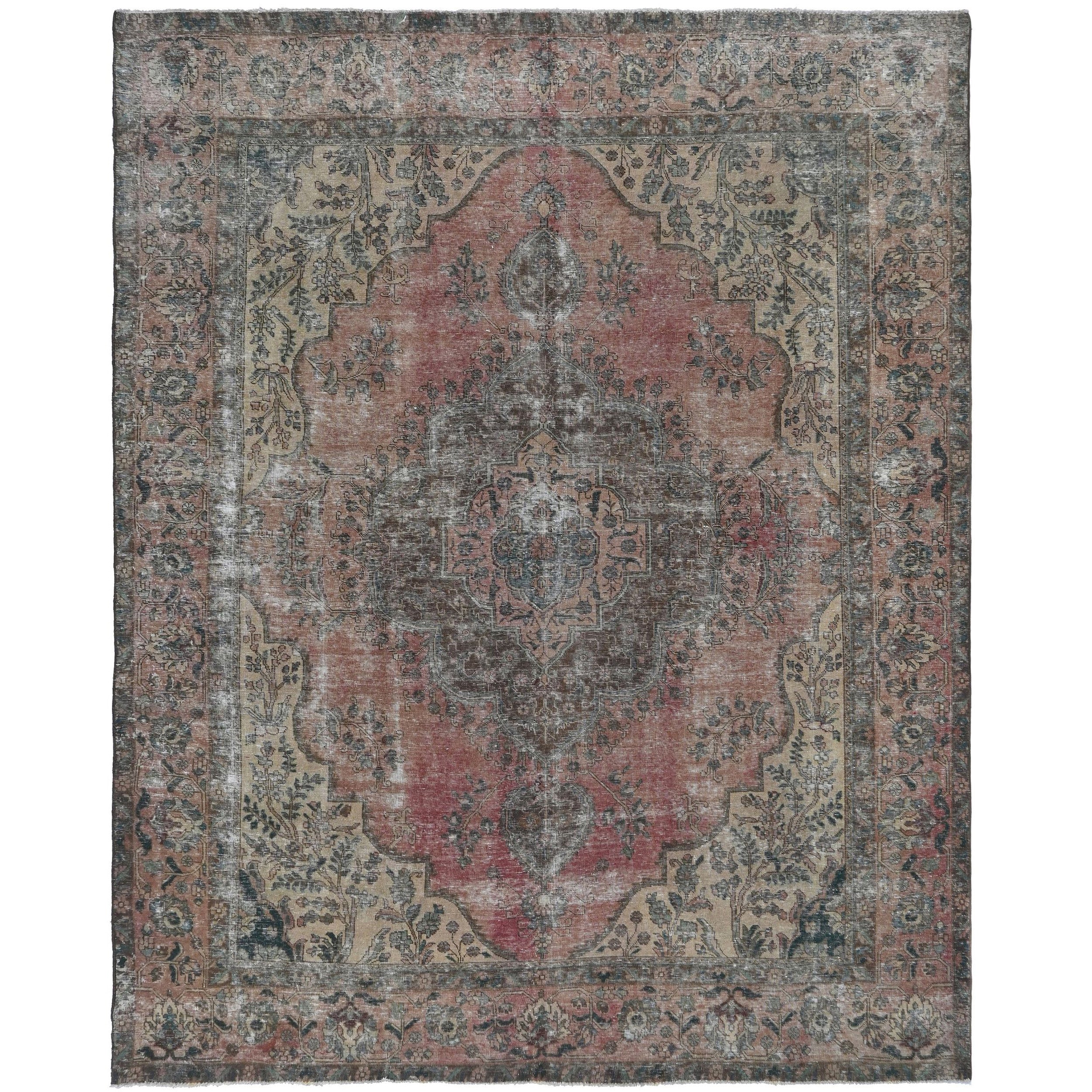 Knotari vintage hand-knotted rug No. 156 with all-over botanical design in antique coral, aged ivory, slate blue, taupe, soft charcoal, size 9'6" x 12'3".