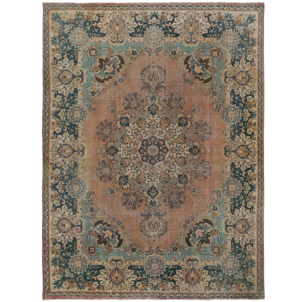 Knotari Heritage Collection vintage hand-knotted wool rug No. 159 with floral medallion design in salmon terracotta, deep teal, aged ivory, camel, brown, size 9'9" x 13'2".
