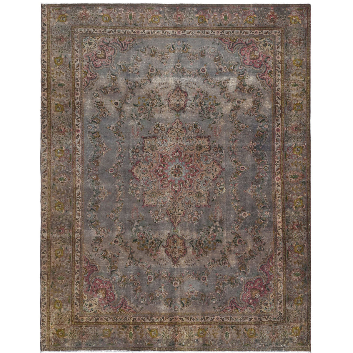 Knotari vintage hand-knotted rug No. 15 with grand floral medallion design in silver gray, dusty rose, taupe, muted sage, aged ivory, size 9'3" x 11'10".