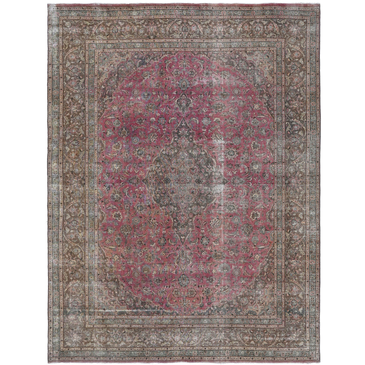 Knotari vintage hand-knotted rug No. 161 with distressed central medallion design in rosewood, charcoal, taupe, aged ivory, muted burgundy, size 9'6" x 12'6".