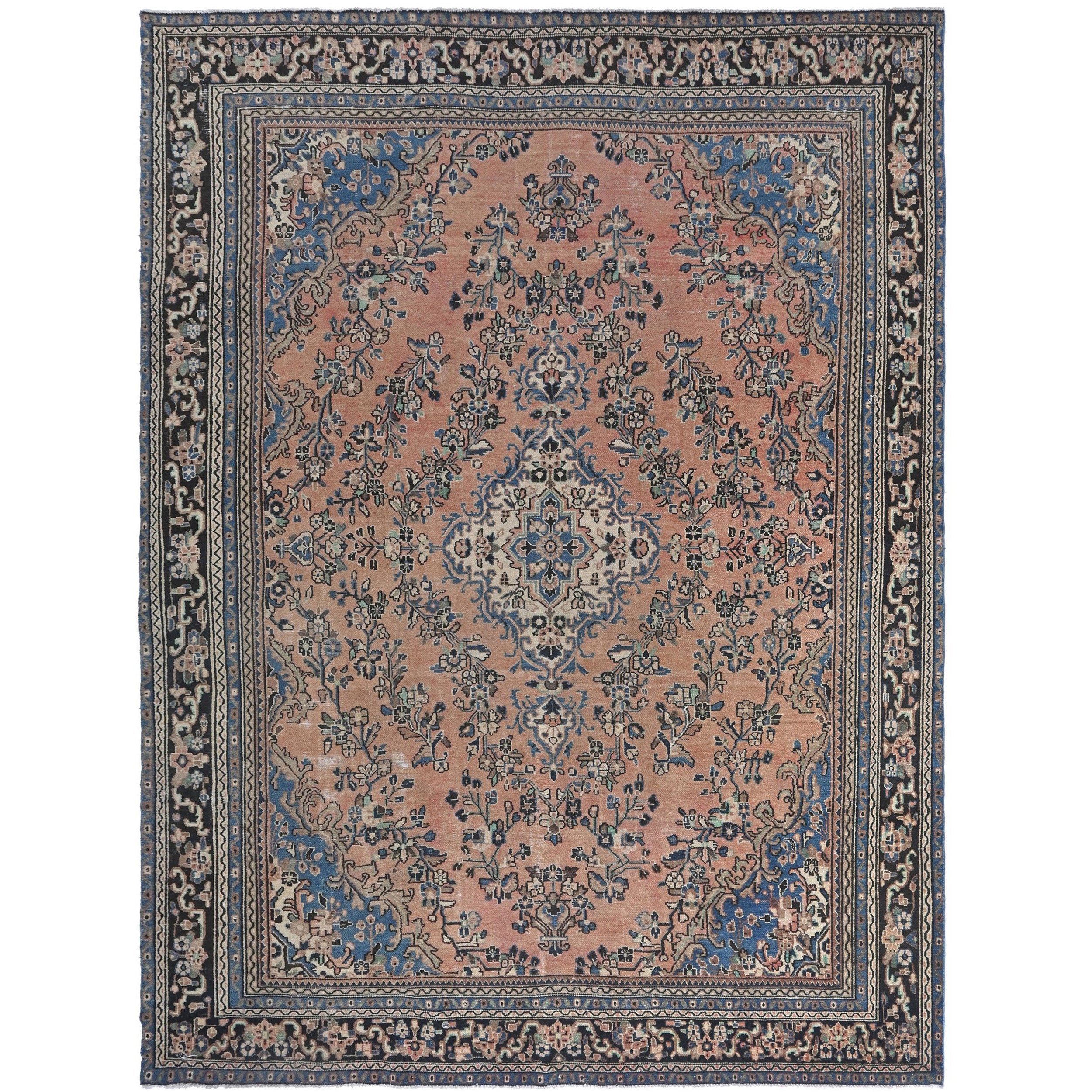 Knotari vintage hand-knotted rug No. 164 with washed floral medallion design in rosewood, charcoal, taupe, aged ivory, muted burgundy, size 9'7" x 12'10".