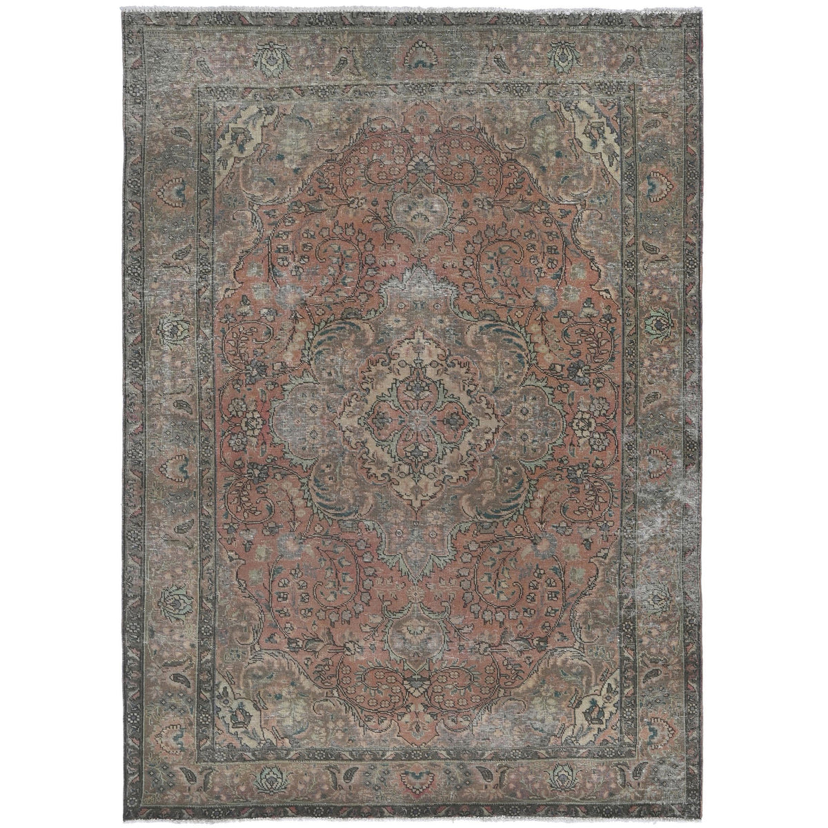 Knotari vintage hand-knotted rug No. 165 with ornate central medallion design in antique rose, slate blue, charcoal, aged ivory, taupe, size 6'7" x 9'7".