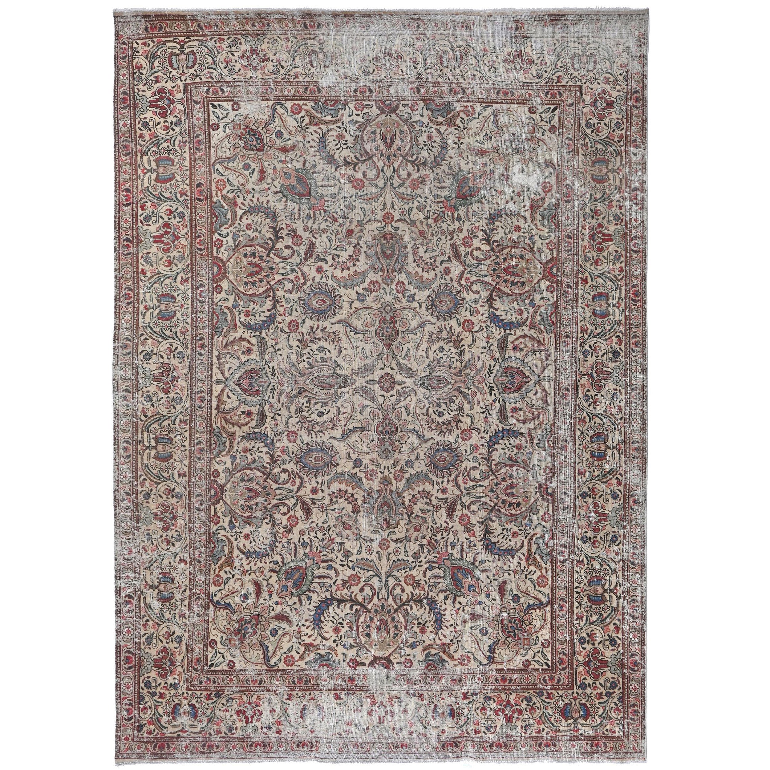 Knotari vintage hand-knotted rug No. 173 with palmette garden design in antique crimson, aged ivory, slate blue, taupe, soft charcoal, size 9'5" x 13'2".