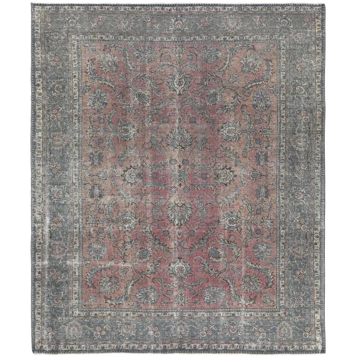 Knotari vintage hand-knotted rug No. 175 with rose medallion design in antique rose, slate gray, taupe, aged ivory, muted blue, size 10'0" x 12'3".