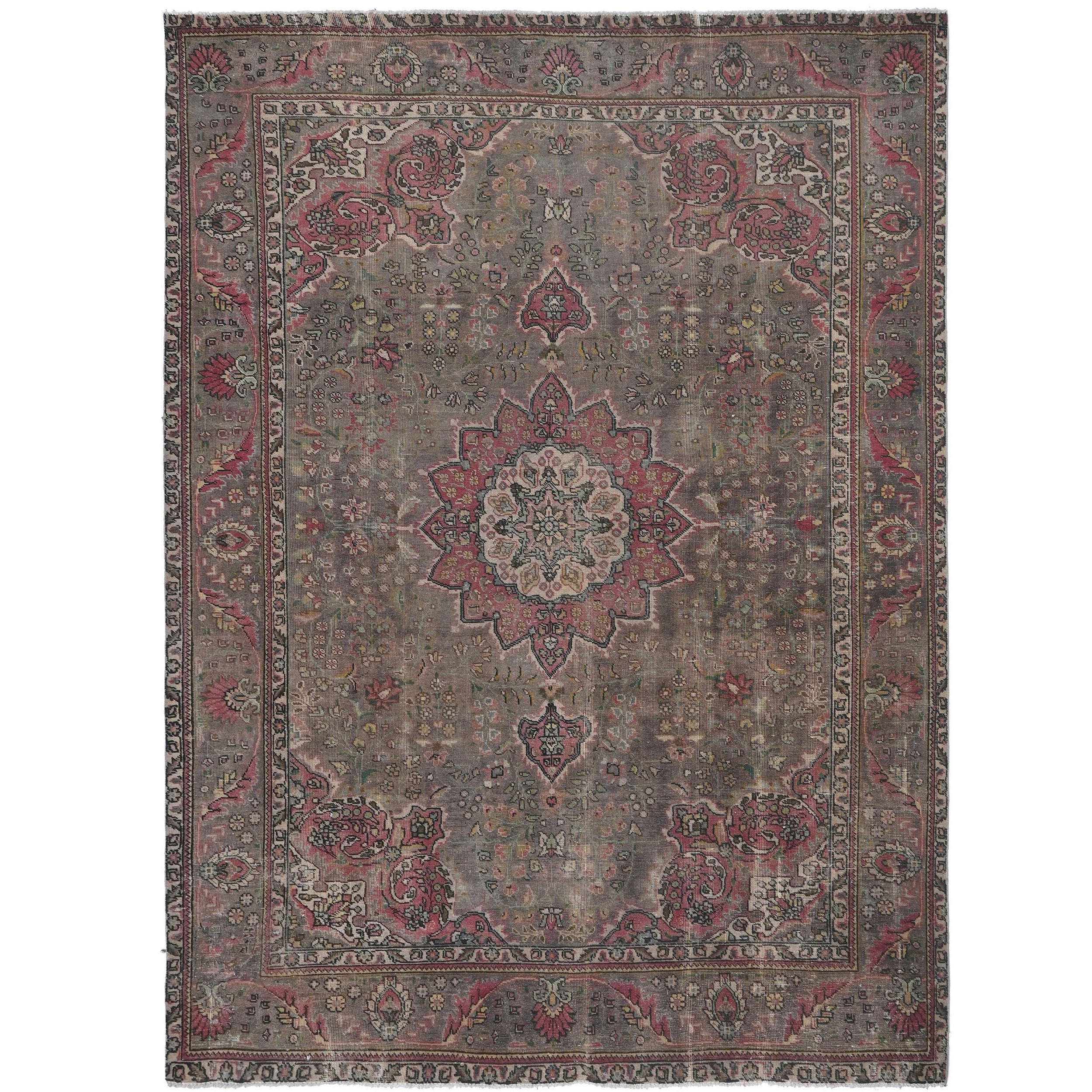 Knotari vintage hand-knotted rug No. 176 with floral medallion design in dusty rose, warm taupe, charcoal, aged ivory, muted sage, size 8'1" x 11'0".
