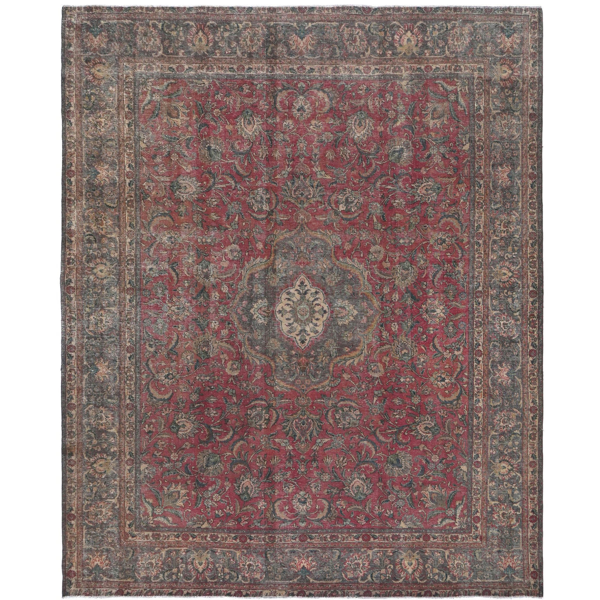 Knotari vintage hand-knotted rug No. 177 with floral medallion garden design in antique crimson, charcoal, taupe, aged ivory, muted sage, size 9'9" x 12'5".