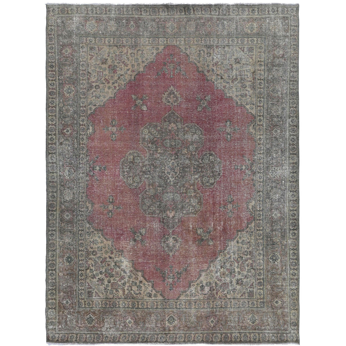 Knotari Heritage Collection vintage hand-knotted wool rug No. 178 with central medallion design in muted red, charcoal, aged ivory, taupe, soft brown, size 9'7" x 12'5".