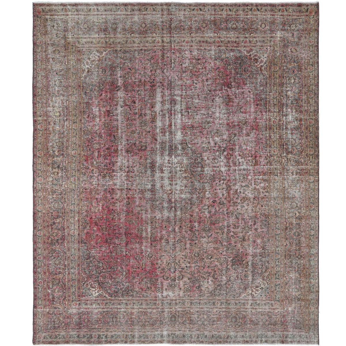 Knotari vintage hand-knotted rug No. 181 with symmetrical floral design in antique coral, slate blue, aged ivory, taupe, soft charcoal, size 9'8" x 12'4".