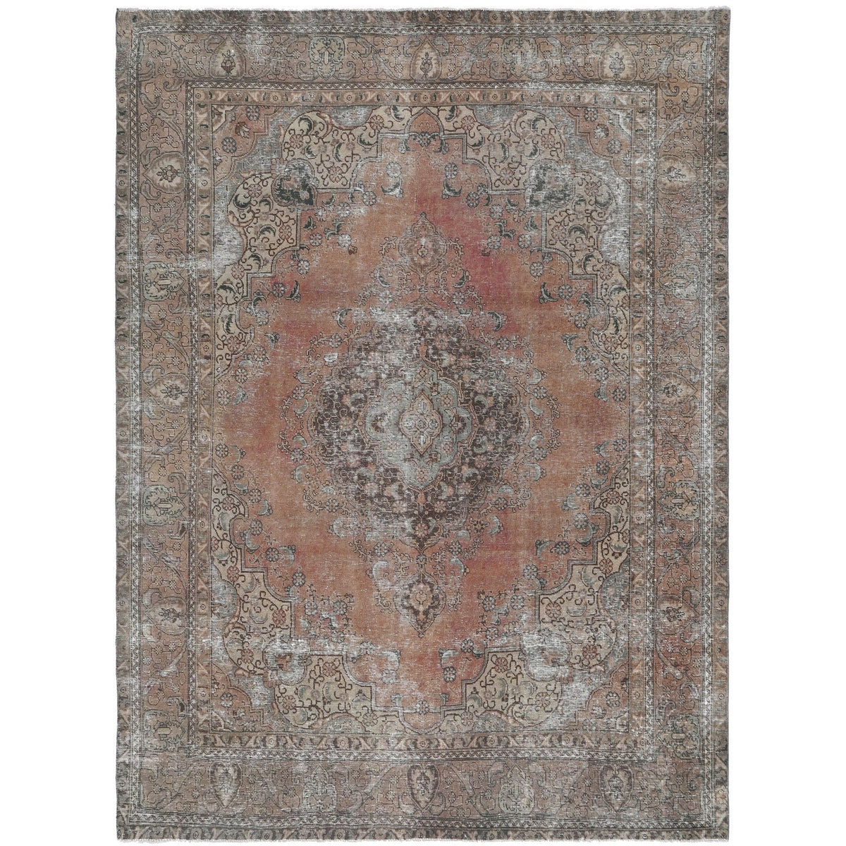 Knotari vintage hand-knotted wool rug No. 186 with washed medallion design in antique ivory, dusty rose, taupe, soft blue, muted sage, size 9'7" x 12'5".