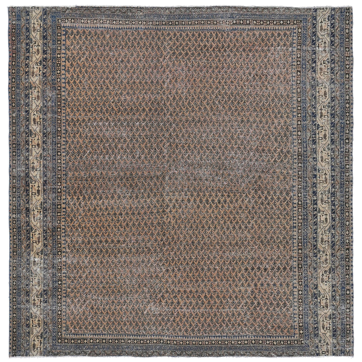 Knotari vintage hand-knotted rug No. 189 with fine lattice all-over design in camel, indigo, taupe, aged ivory, slate, size 8'4" x 8'8".