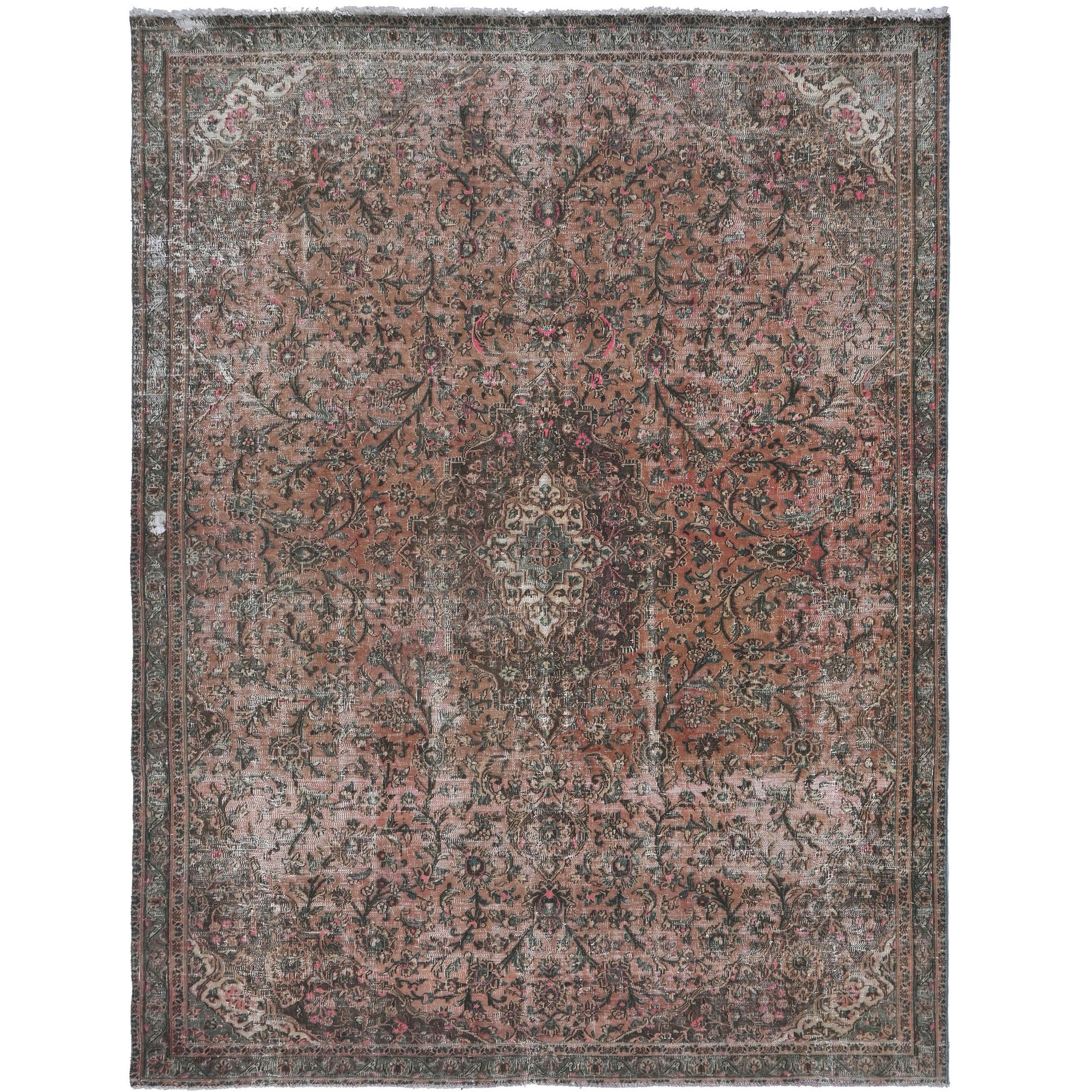 Knotari vintage hand-knotted rug No. 19 with allover botanical design in terracotta, rosewood, charcoal, taupe, muted sage, size 7'1" x 9'11".