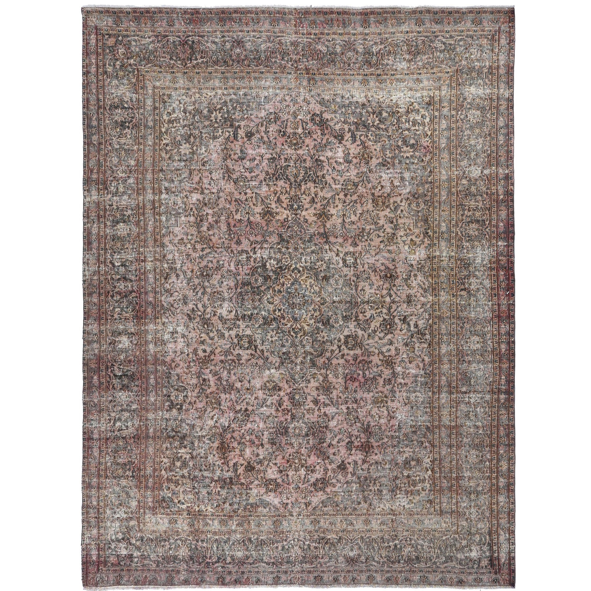 Knotari vintage hand-knotted rug No. 203 with all-over floral design in antique coral, slate gray, aged ivory, muted blue, taupe, size 9'3" x 12'3".