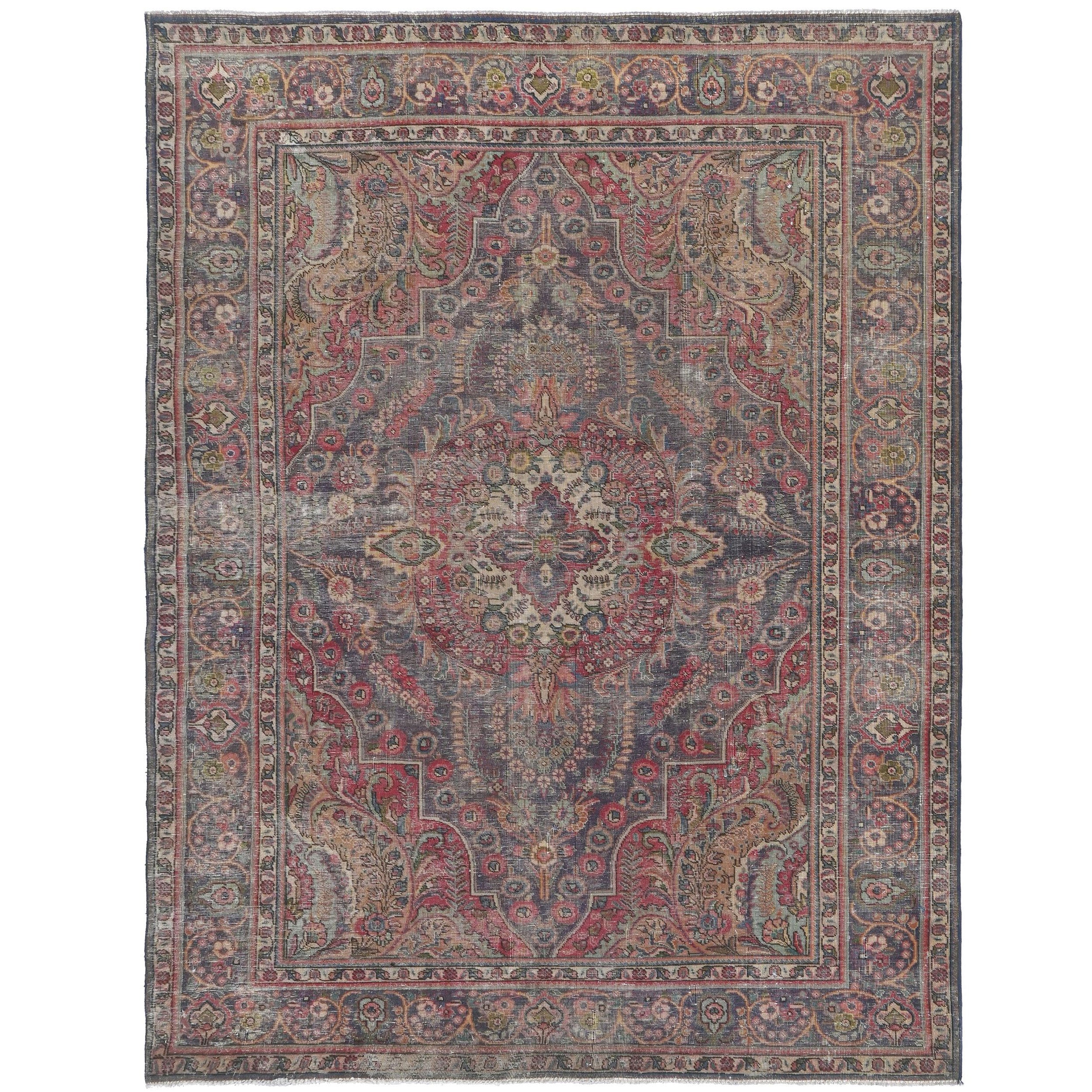 Knotari vintage hand-knotted rug No. 205 with distressed medallion design in brick red, charcoal, ash gray, taupe, ivory, size 6'6" x 9'7".