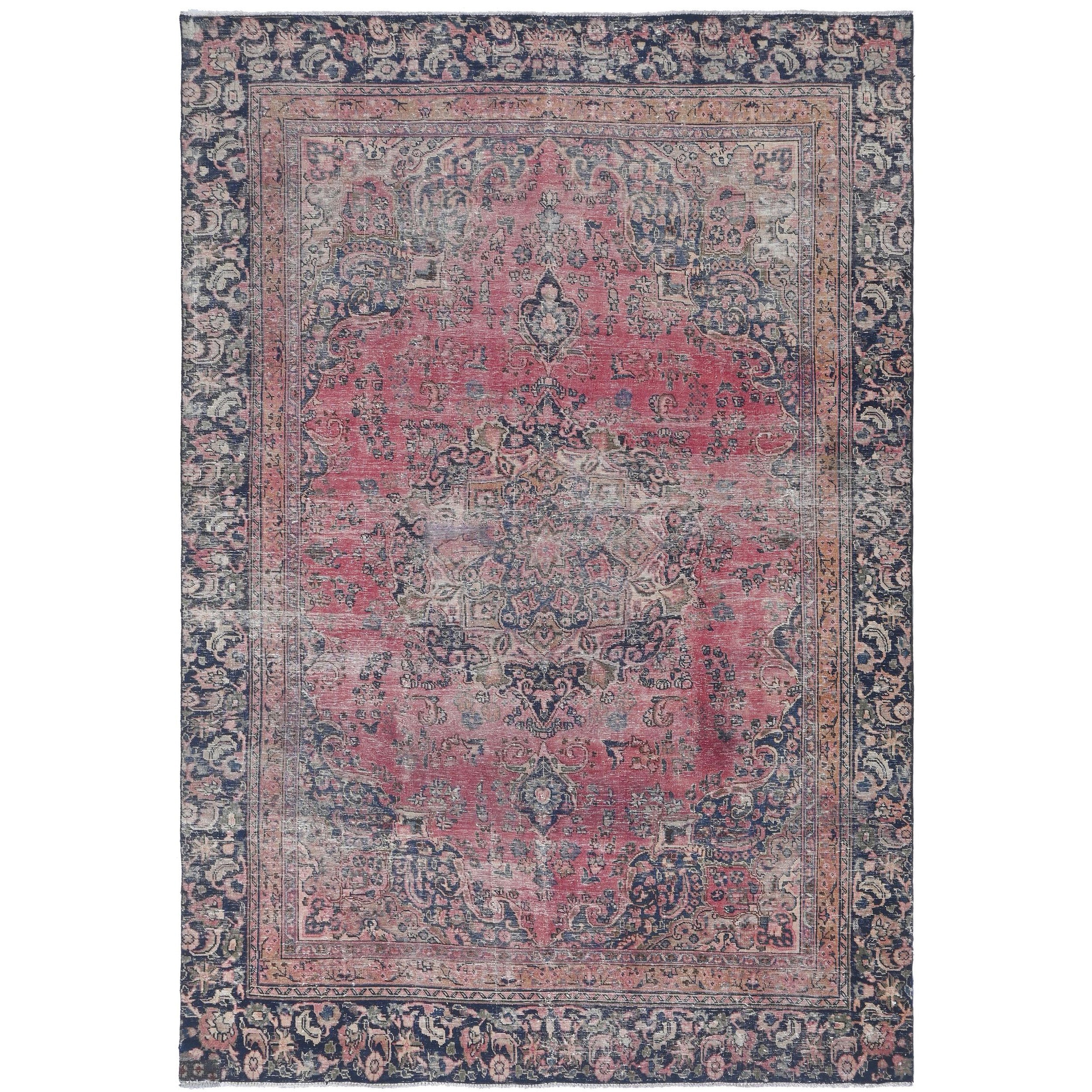 Knotari vintage hand-knotted rug No. 208 with botanical lattice design in antique coral, aged ivory, slate blue, taupe, soft charcoal, size 6'10" x 9'8".