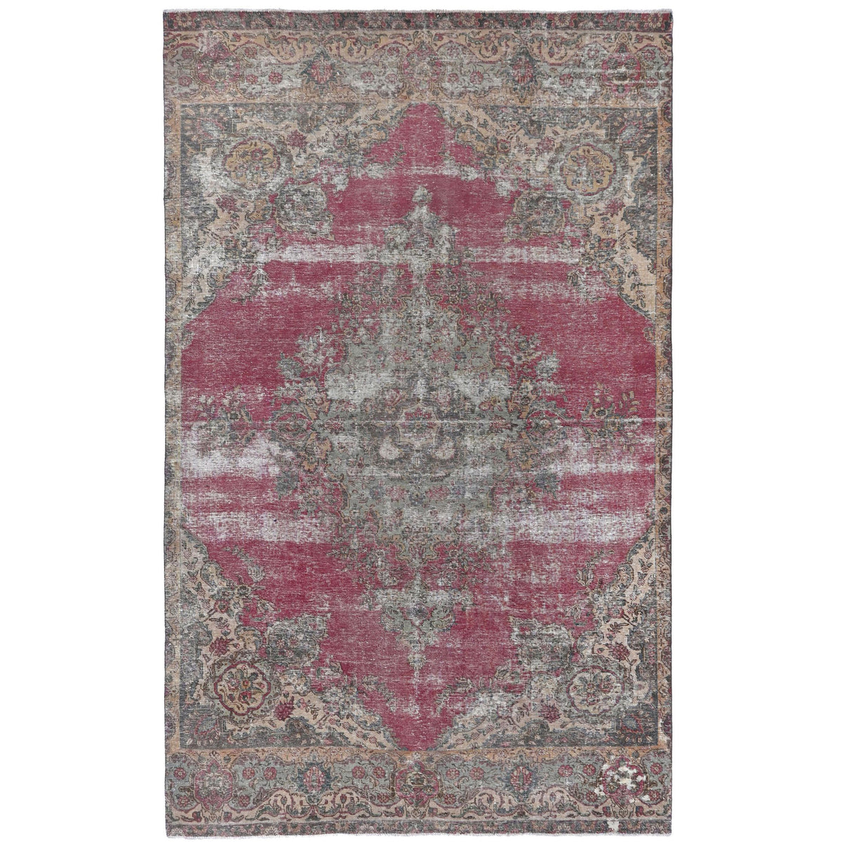 Knotari Heritage Collection vintage hand-knotted wool rug No. 209 with elongated medallion design in cranberry red, charcoal, taupe, ivory, antique gold, size 7'4" x 12'3".