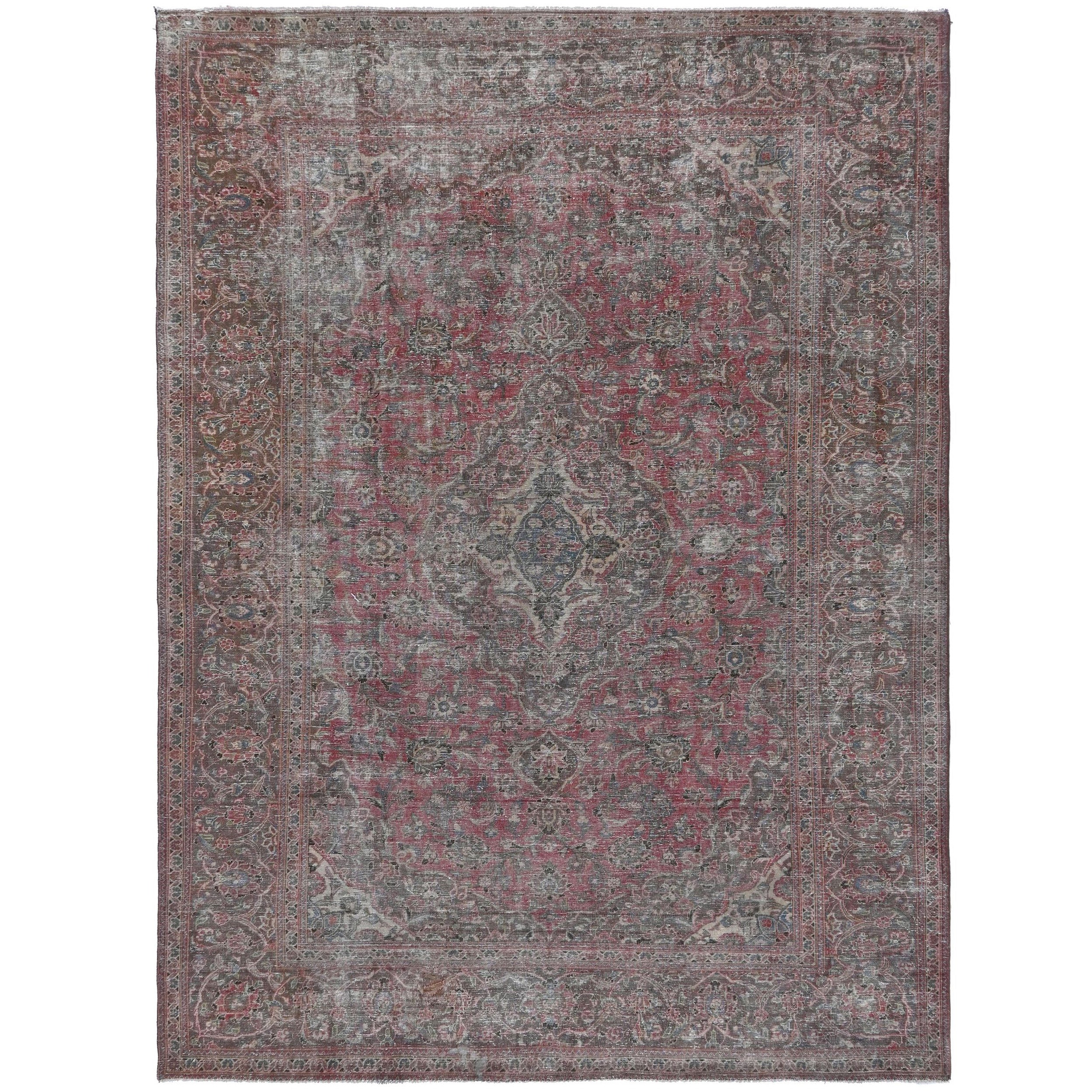 Knotari vintage hand-knotted rug No. 210 with faded floral medallion design in muted burgundy, rosewood, taupe, charcoal, aged ivory, size 7'9" x 11'0".