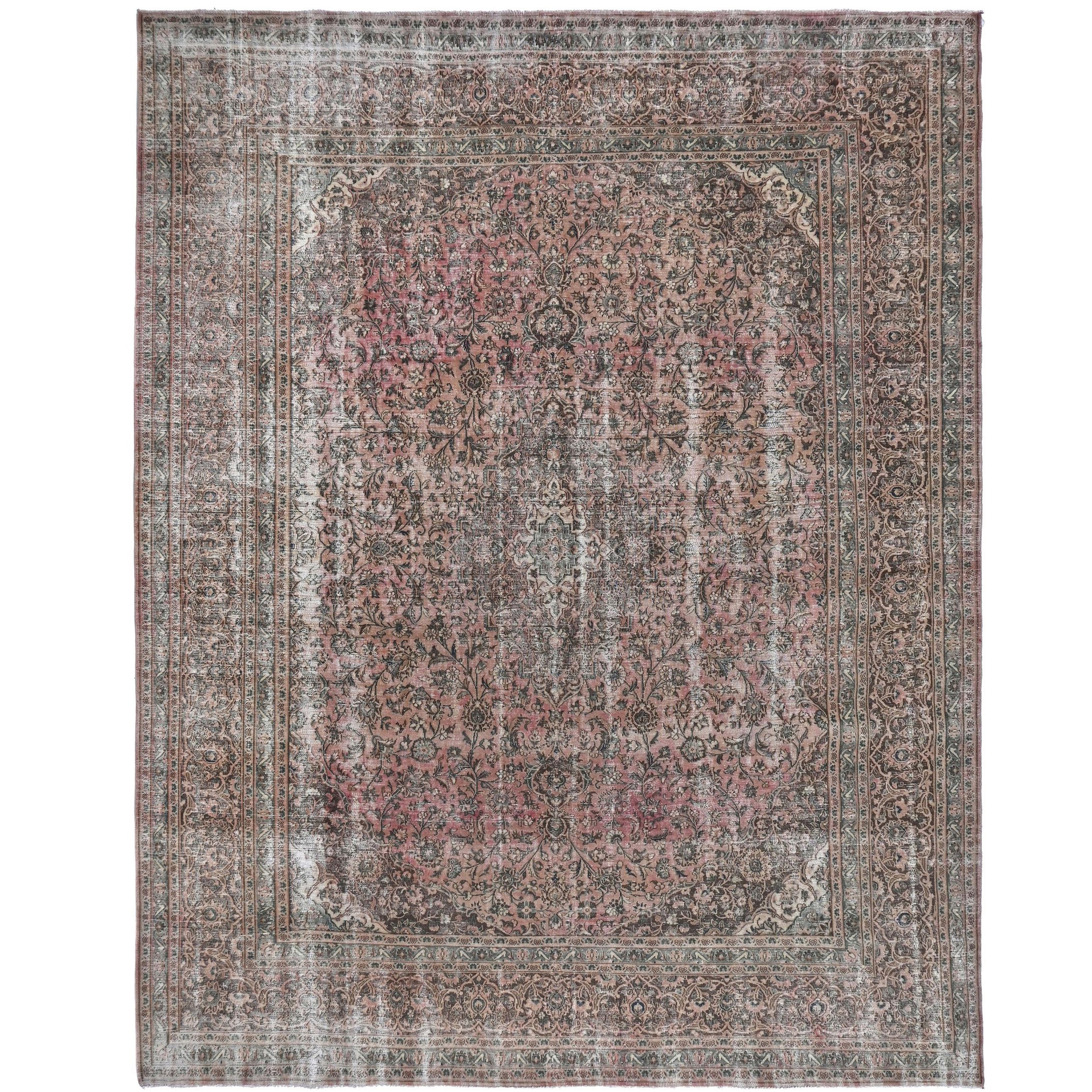 Knotari vintage hand-knotted rug No. 26 with washed floral medallion design in antique rose, charcoal, taupe, aged ivory, muted burgundy, size 9'9" x 12'6".