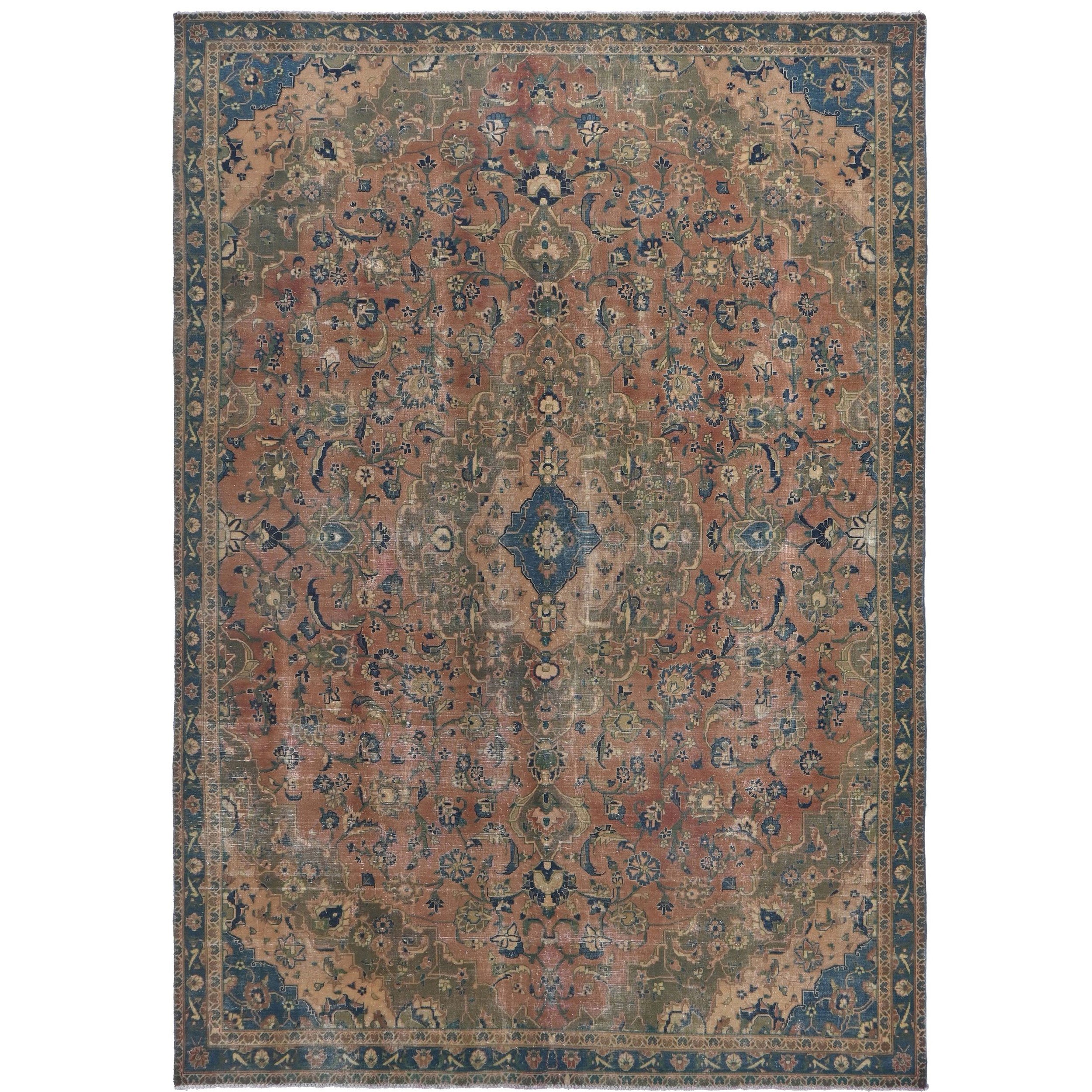 Knotari vintage hand-knotted rug No. 28 with faded floral medallion design in deep burgundy, charcoal, aged ivory, dusty rose, navy, size 6'7" x 9'7".