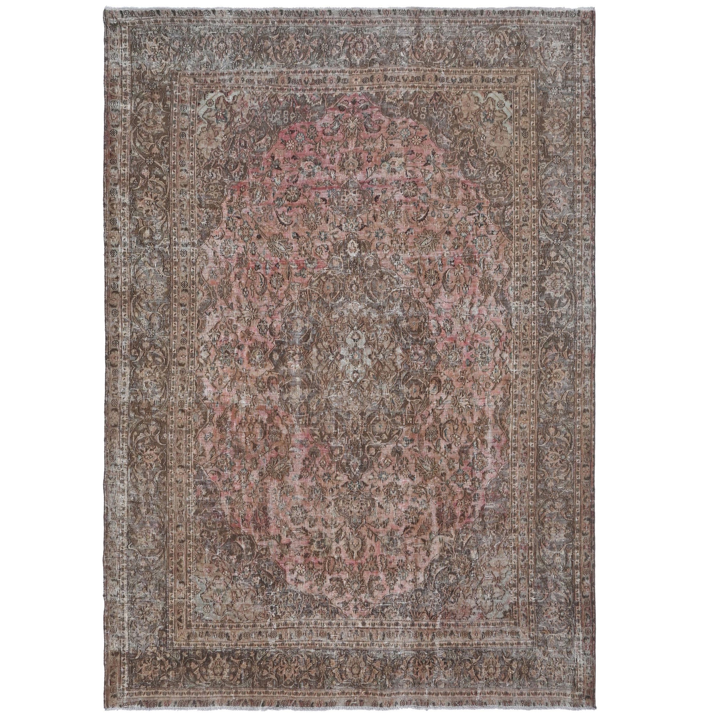 Knotari Heritage Collection vintage hand-knotted wool rug No. 29 with grand medallion design in dusty rose, cocoa brown, taupe, charcoal, aged ivory, size 9'3" x 11'9".