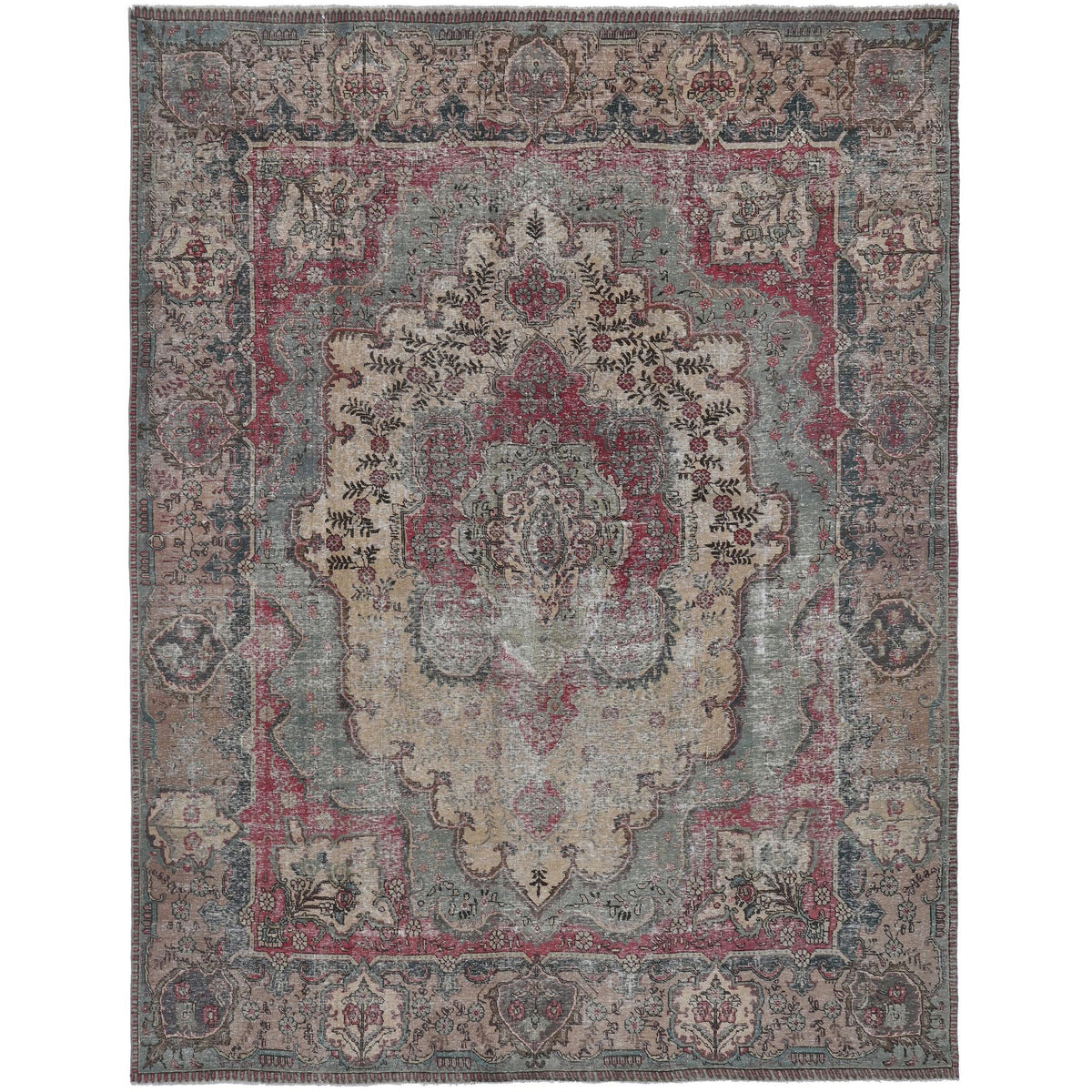 Knotari vintage hand-knotted rug No. 43 with grand floral medallion design in antique rose, slate gray, aged ivory, taupe, muted blue, size 9'5" x 13'2".
